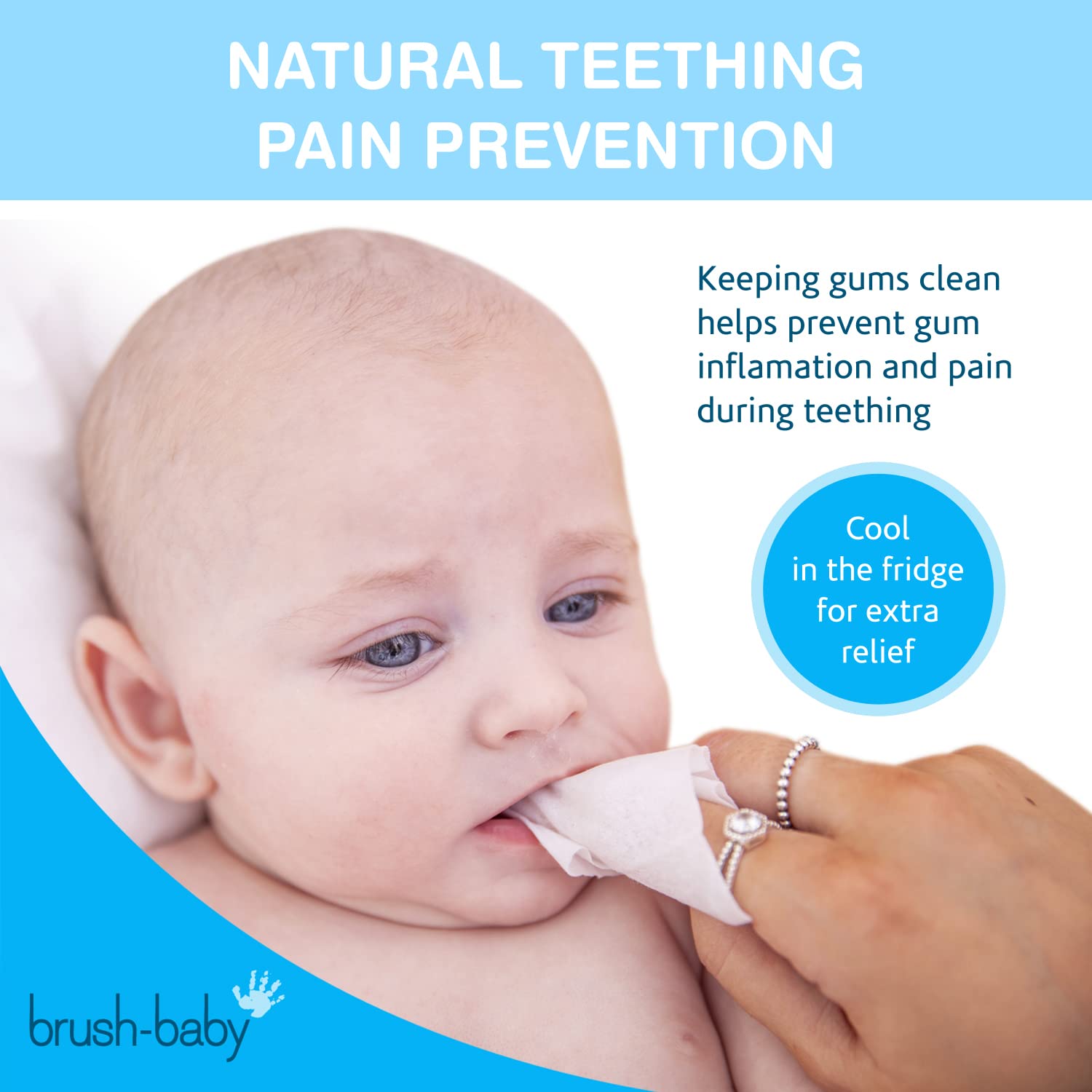 Brush Baby travel-friendly wipes designed for quick teething relief.