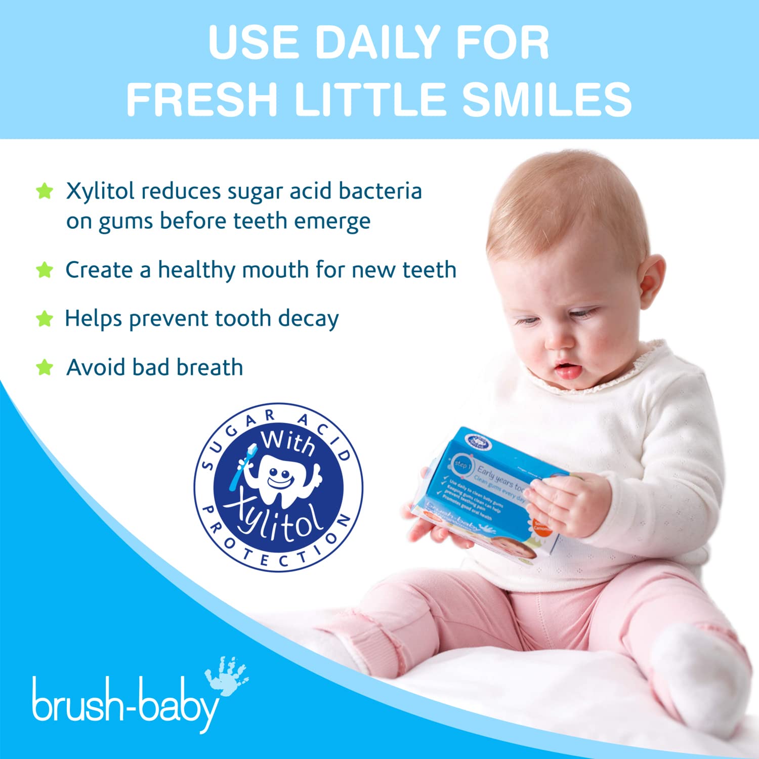 Brush Baby xylitol-solution pack preserves freshness and reduces residue.