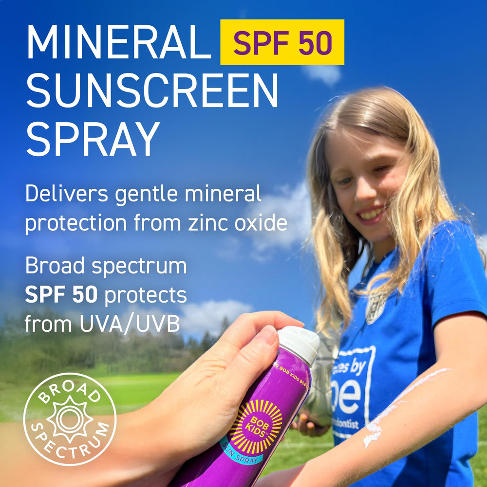 Brush On Block BOB Kids SPF 50 continuous spray showing all-angle application