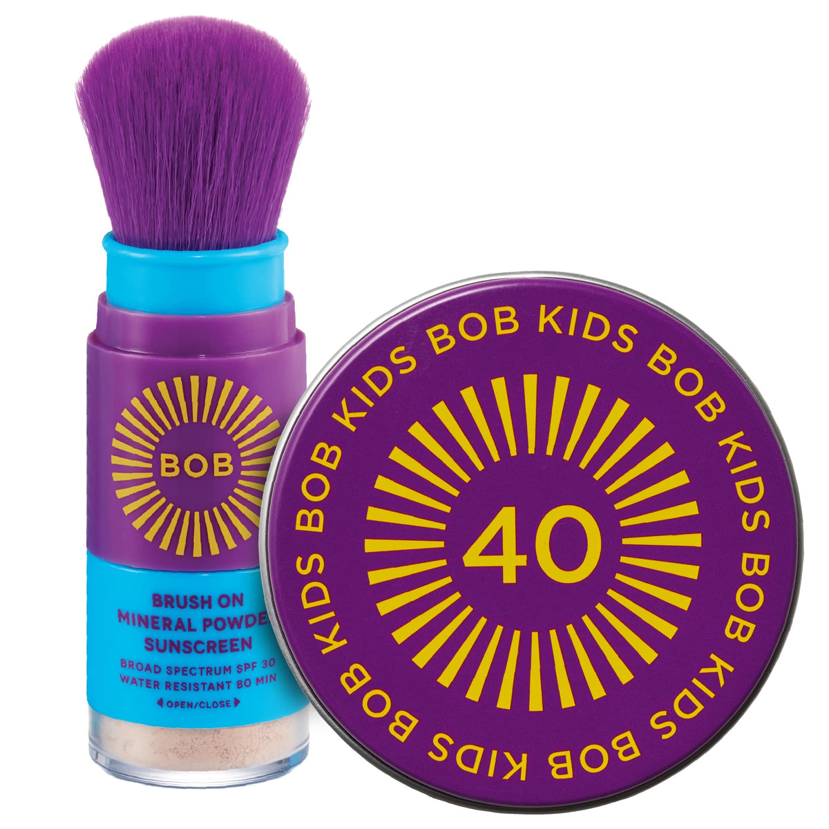Brush On Block BOB Kids powder sunscreen application for quick, mess-free coverage.
