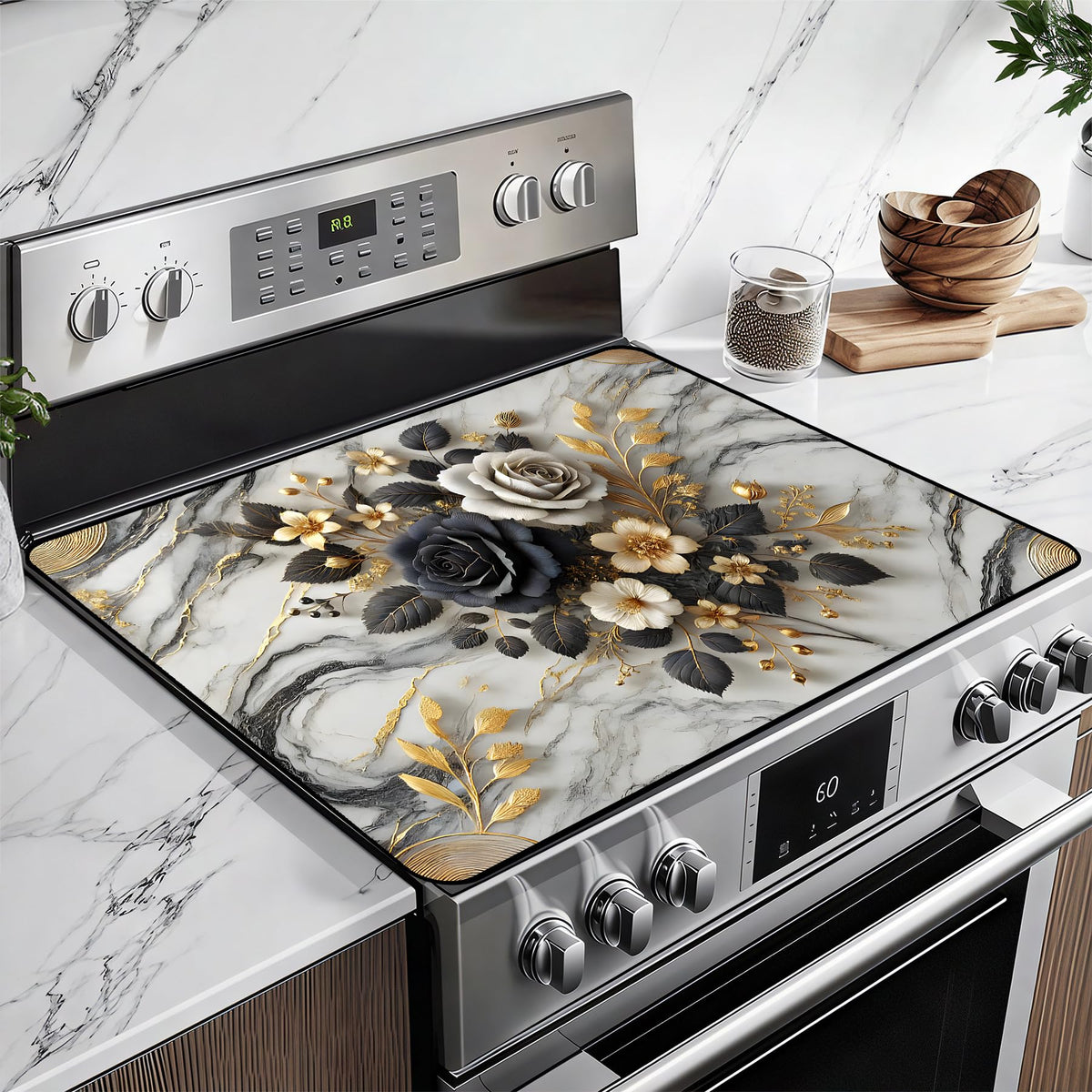 BSFHH heat-resistant glass stove top cover on counter protects surfaces from spills.