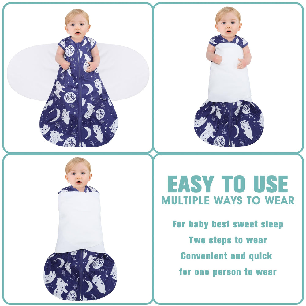 BSTOPPT three-way swaddle arm-in-out illustration showcases flexible sleep options