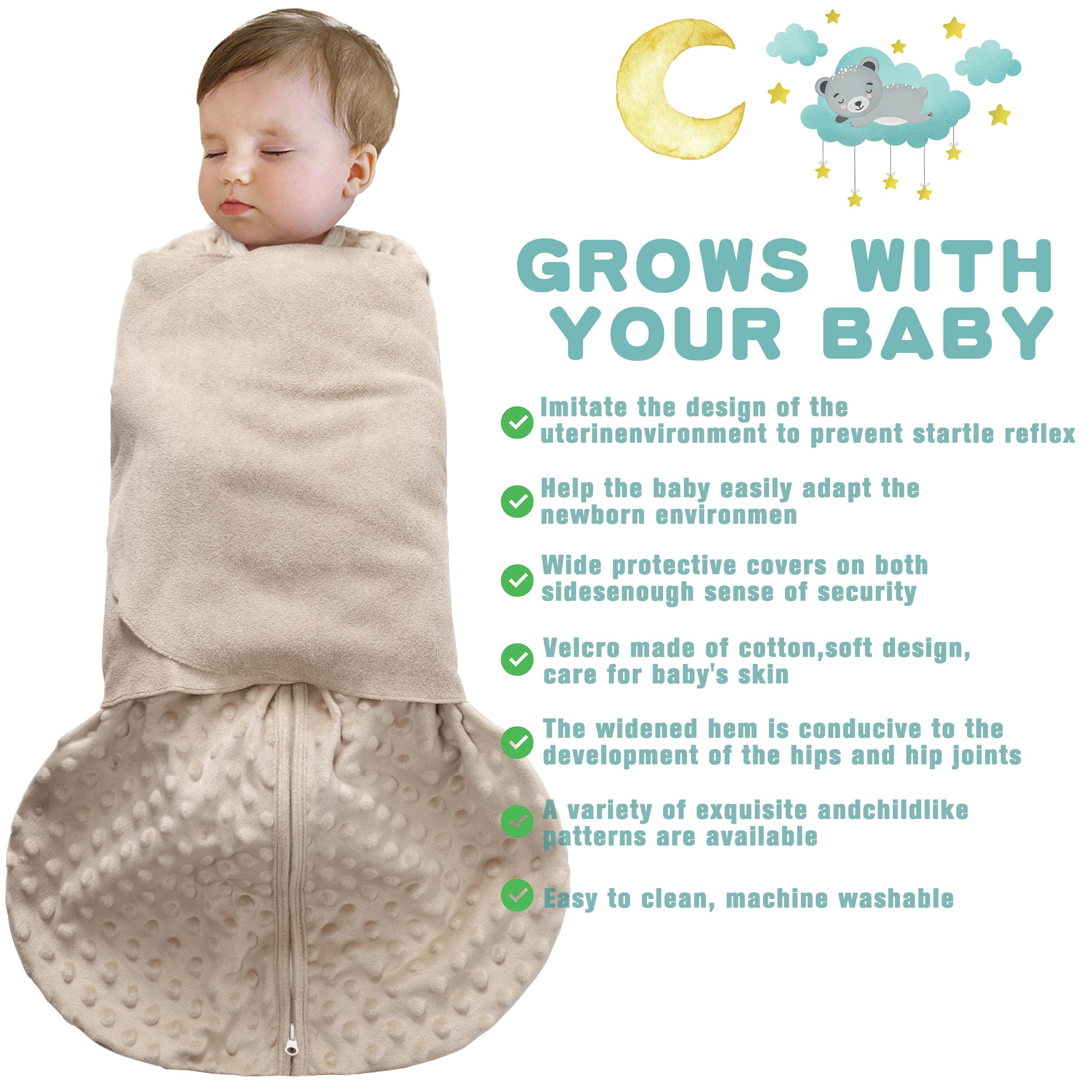 BSTOPPT 3-way swaddle wings show arm-in and arm-out options for soothing sleep routines.