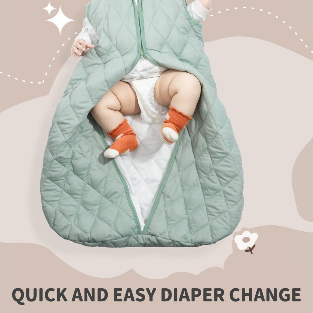 BSTOPPT baby sleep sack in green worn by infant for warmth and comfort