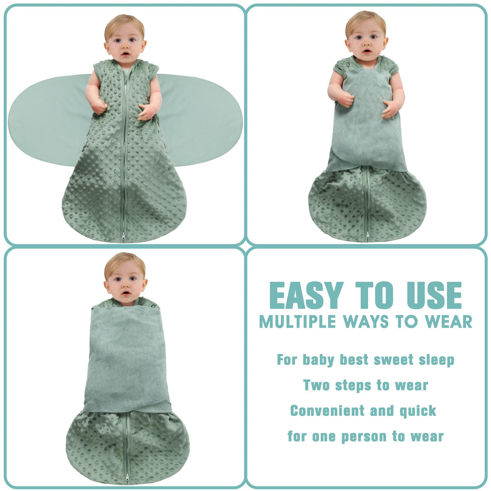 BSTOPPT wearable blanket with three-way swaddle being adjusted for a secure fit
