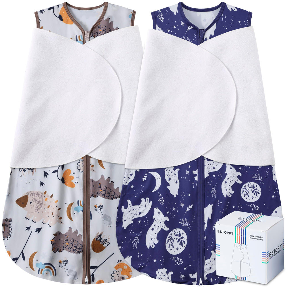 BSTOPPT newborn sleep sack with Fox & Dinosaurs pattern offers cozy, safe crib swaddling.