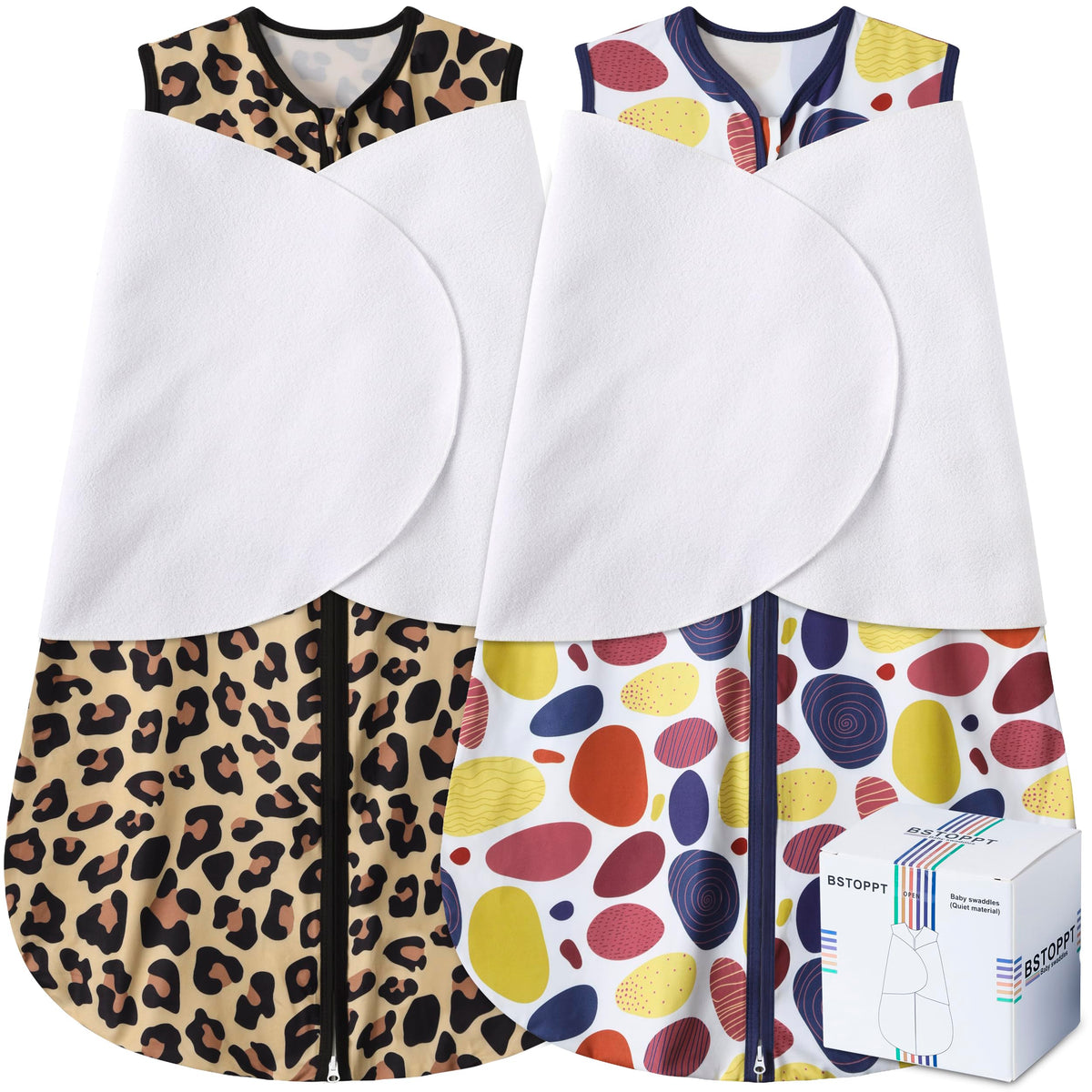BSTOPPT leopard-wearable swaddle showing safe sleep in a wearable blanket.