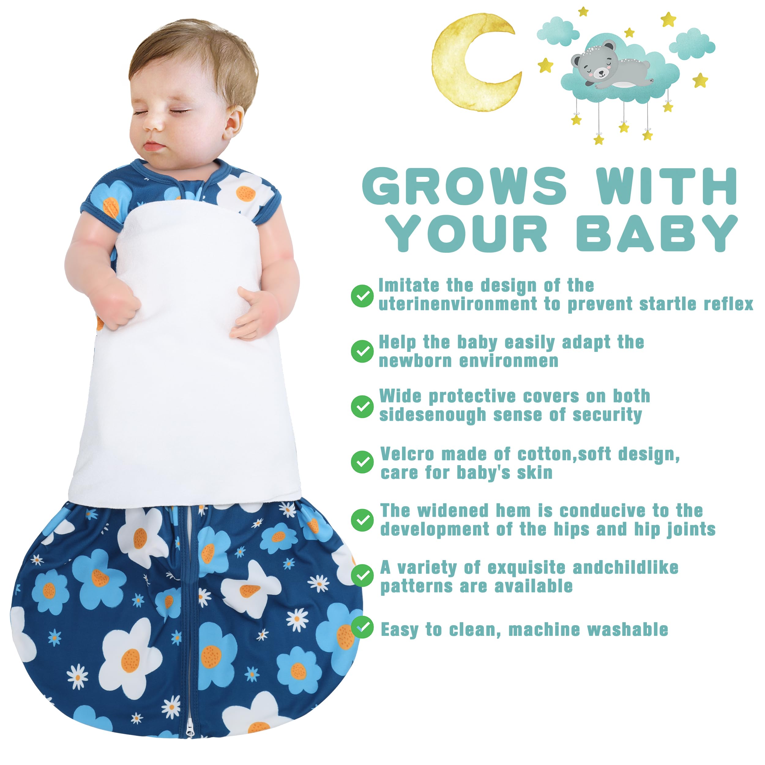 BSTOPPT newborn sleep sack worn by baby shows safe wearable blanket design.