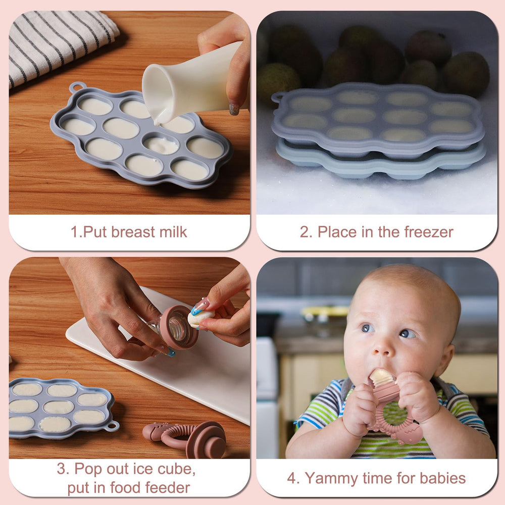 btrfe portable freezer tray with multiple pouches demonstrates convenient baby food storage.