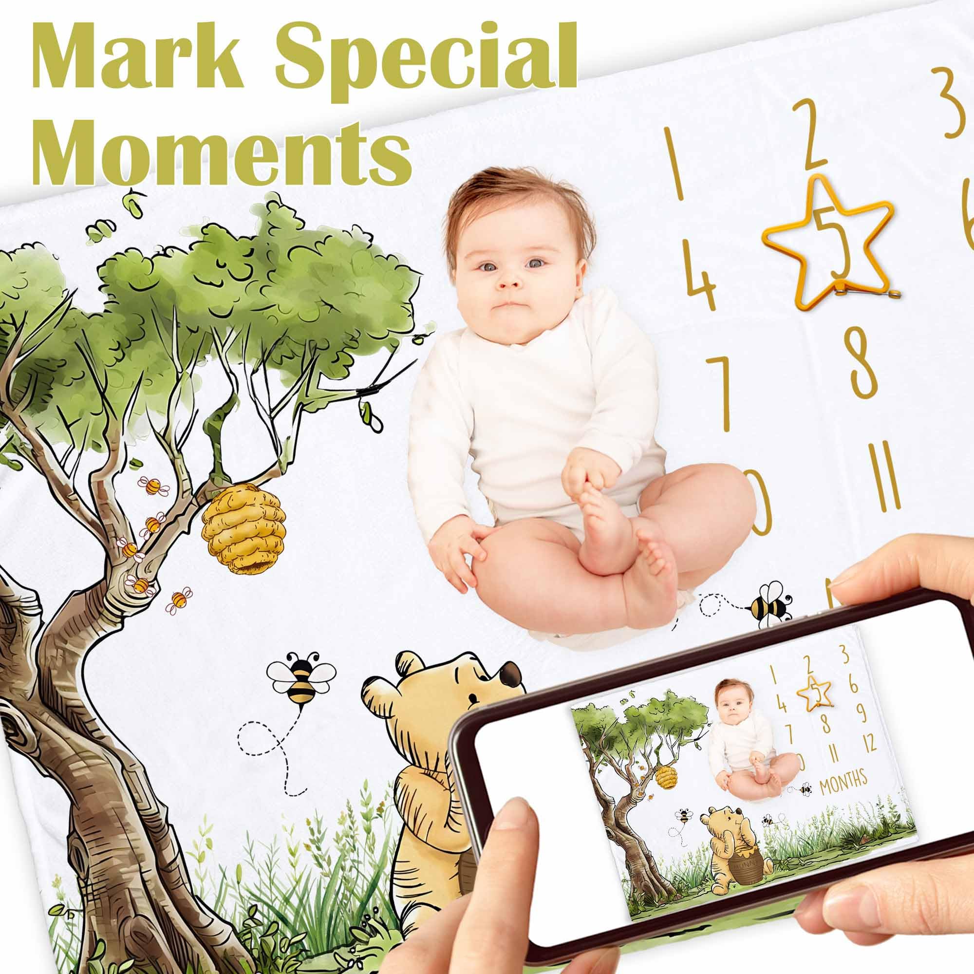 Bttwkco Classic Winnie milestone blanket star marker detail emphasizes age-tracking with cute design.