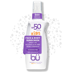bu BU SPF 50 Kids Sunscreen bottle front—fragrance-free, non-greasy protection.