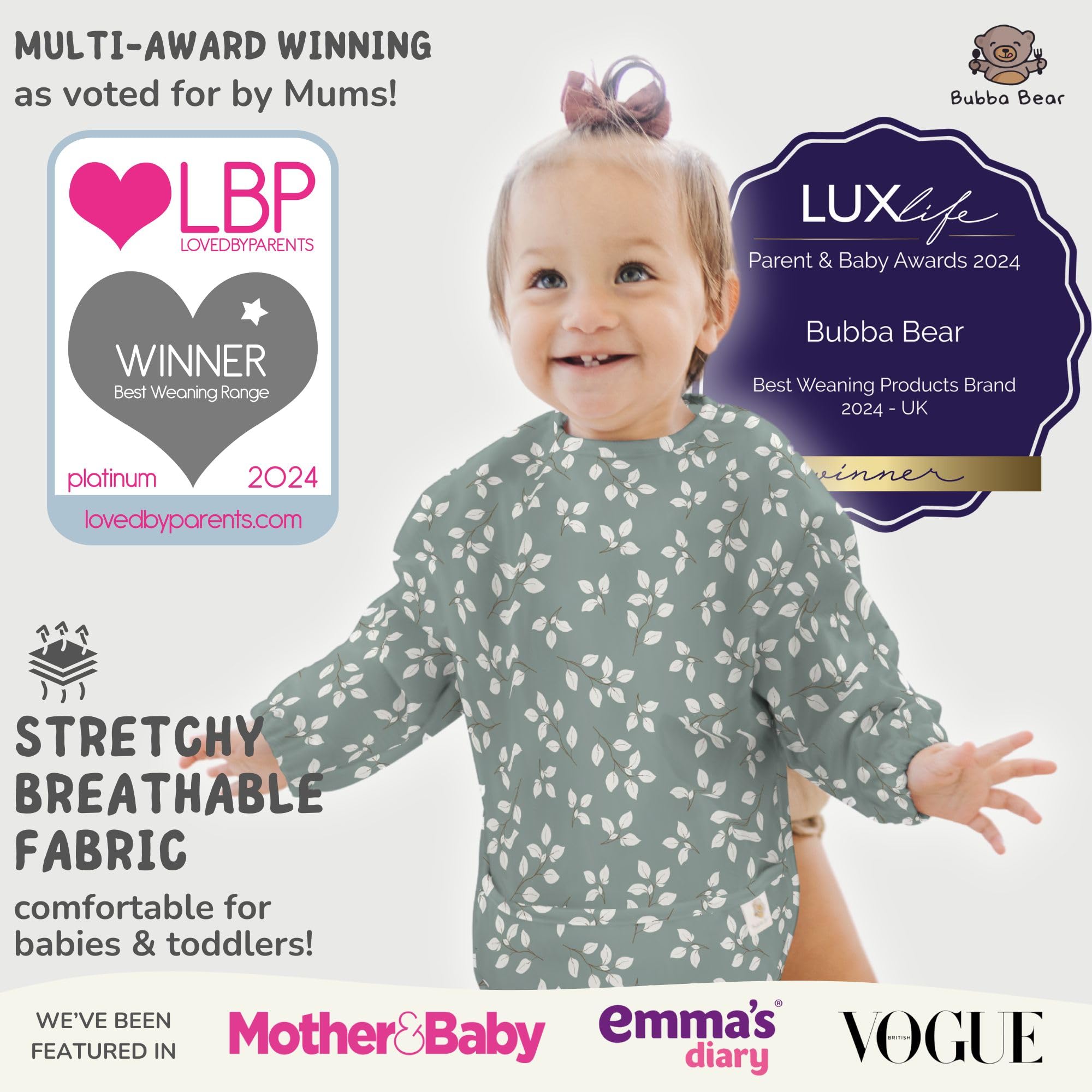 Bubba Bear bib with adjustable Velcro neck for growing toddlers.