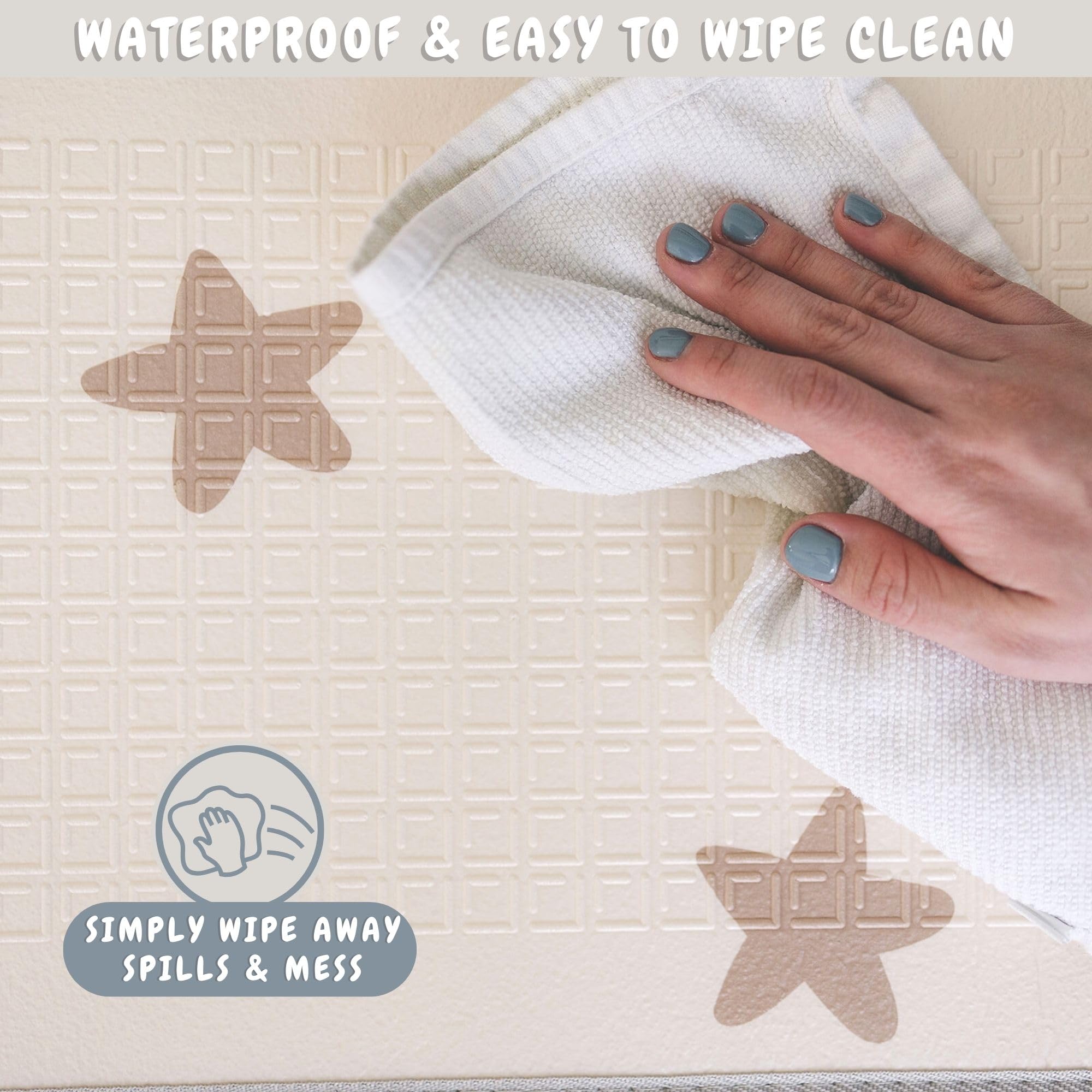 Bubba Bear baby play mat waterproof-surface facilitates easy cleanups after spills.