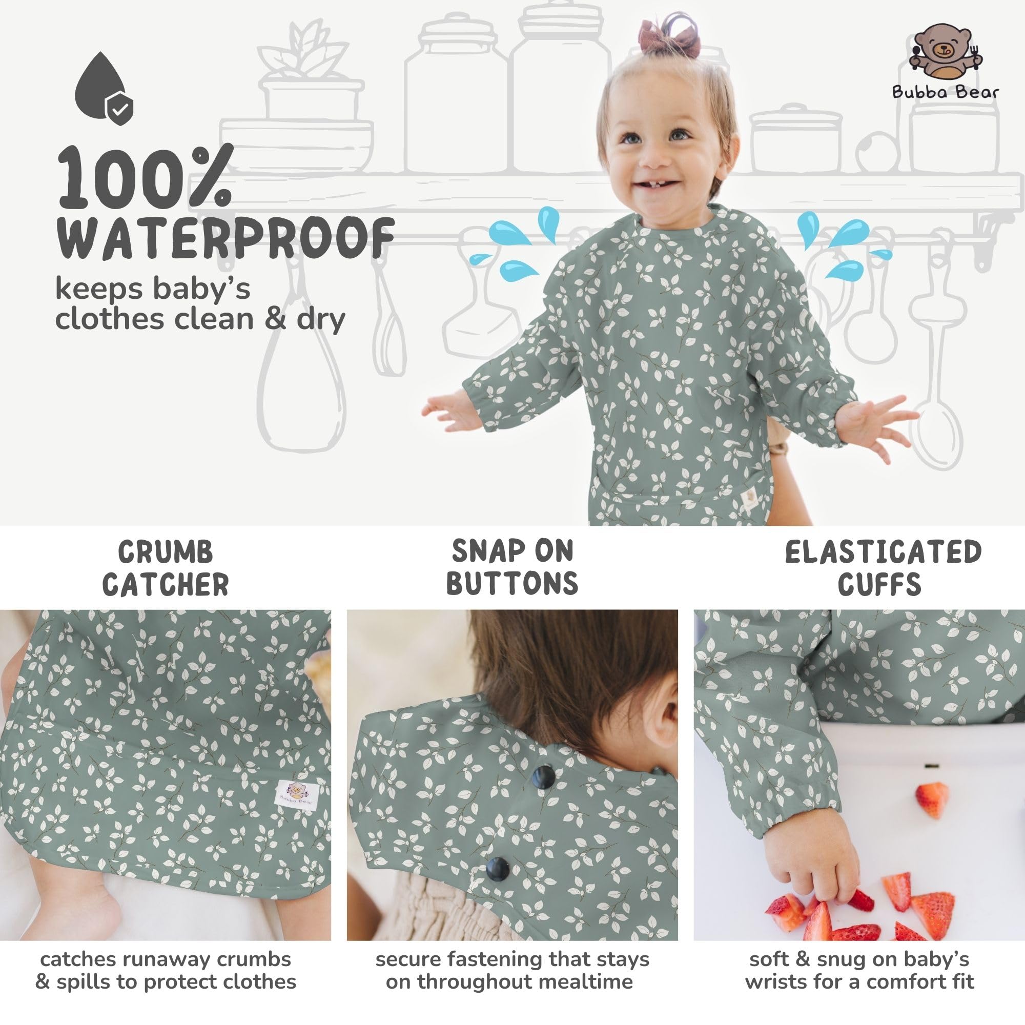 Bubba Bear catcher pocket helps contain spills during mealtime.