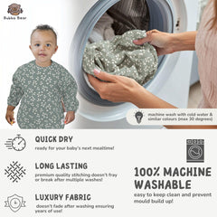 Bubba Bear waterproof bib with elastic cuffs keeps sleeves clean.