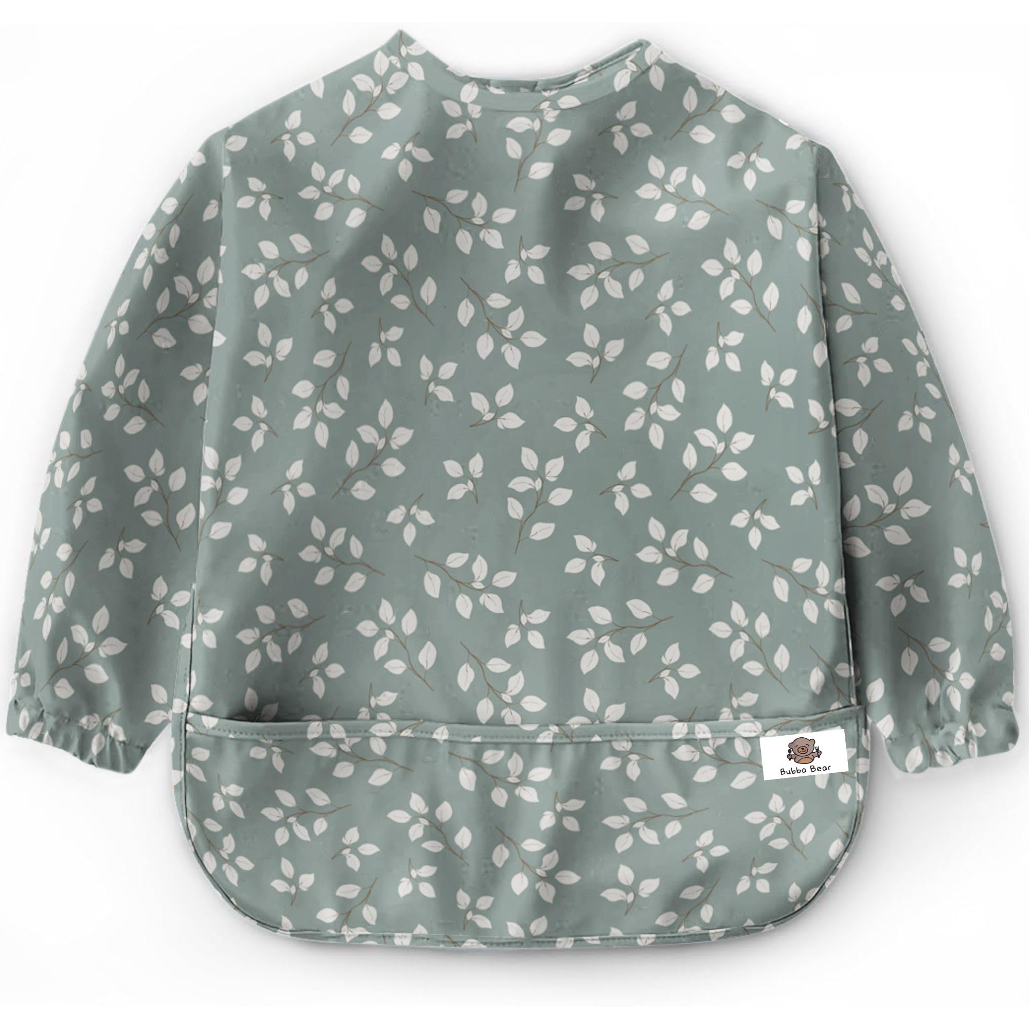 Bubba Bear long sleeve bib with waterproof front pocket for mess-free meals.