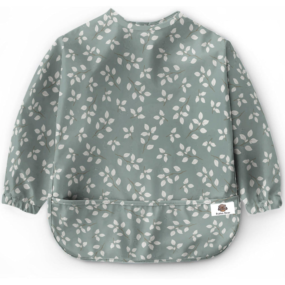 Bubba Bear long sleeve bib with waterproof front pocket for mess-free meals.