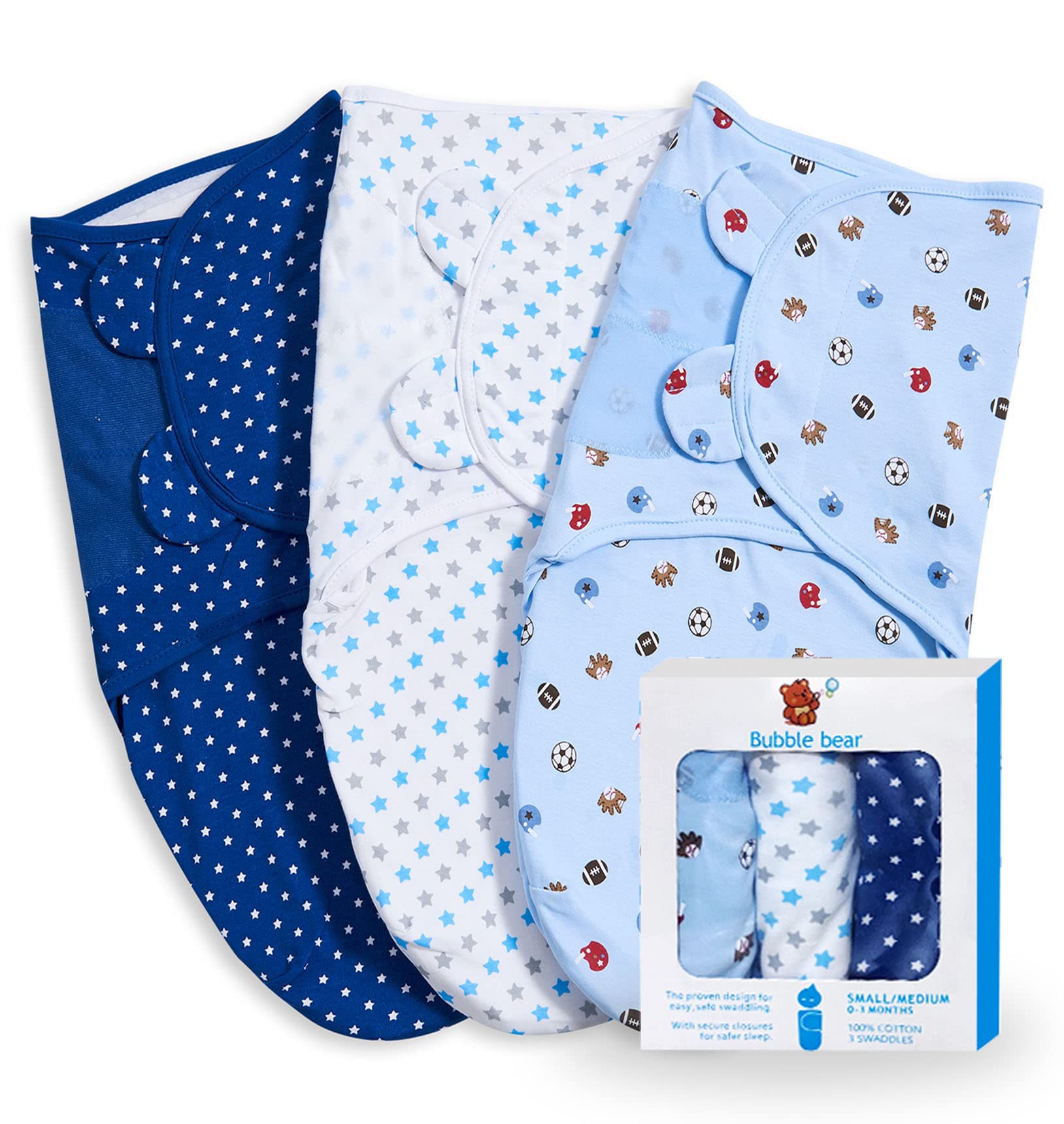 Bubble Bear 3-pack baby swaddle blue folded demonstrates soft cotton comfort for restful naps.