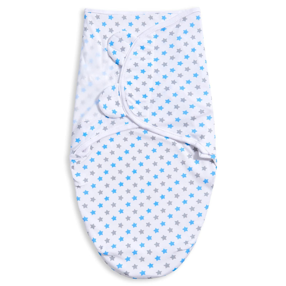 Bubble Bear swaddle blue size small 0-3months closeup shows snug fit.