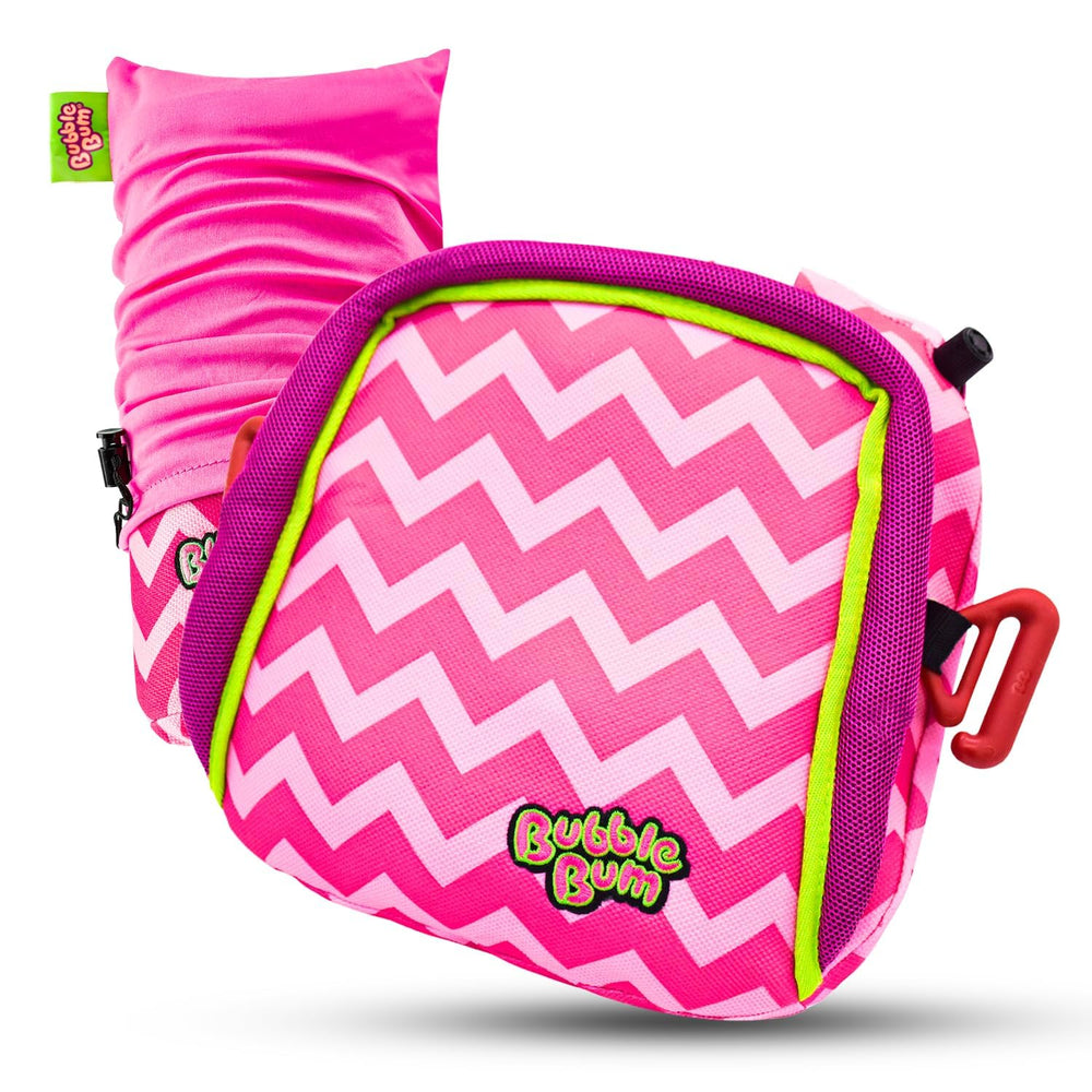 Bubblebum Booster Seat pink easy setup for taxis and rideshares.