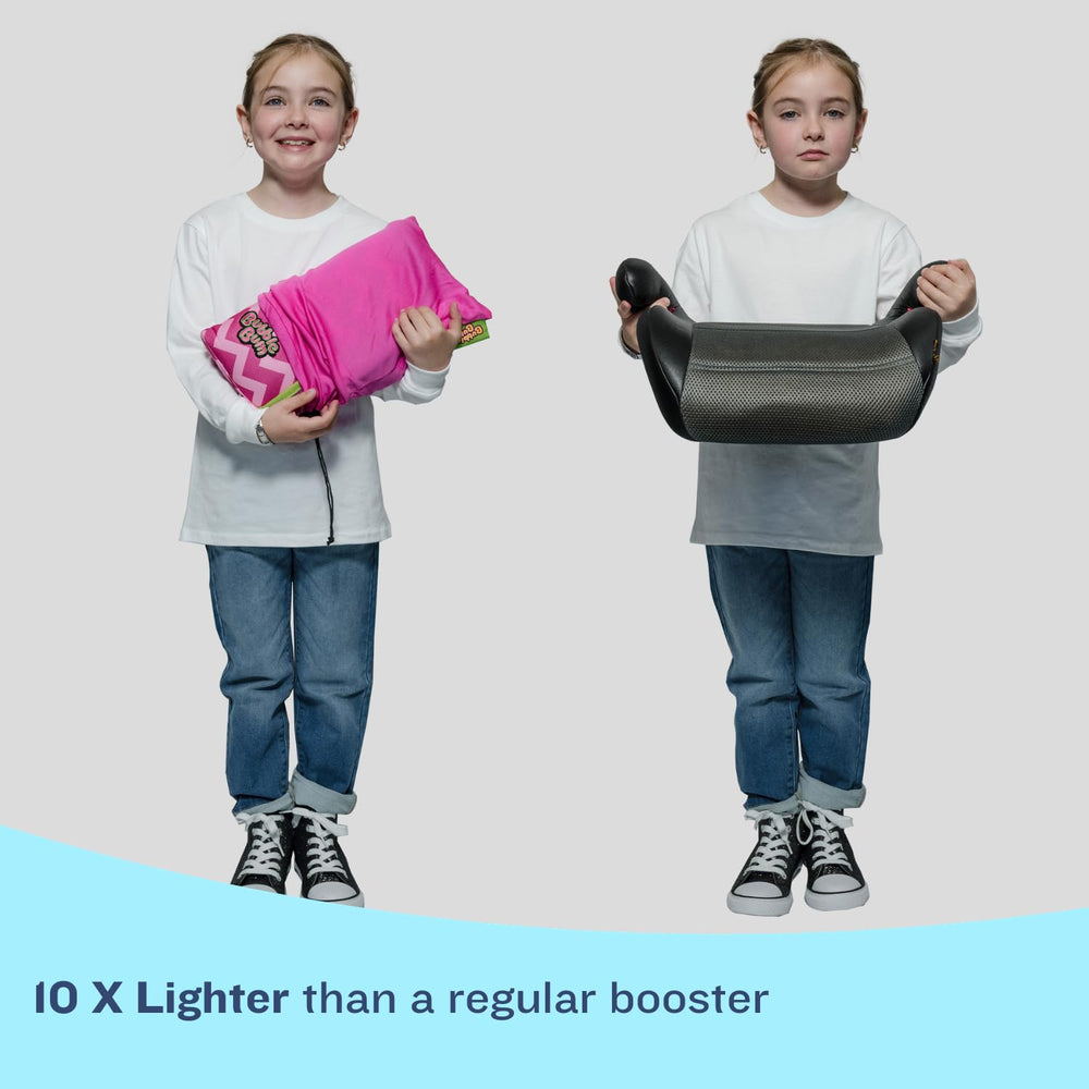 Bubblebum Booster Seat pink folds compactly to fit a backpack.
