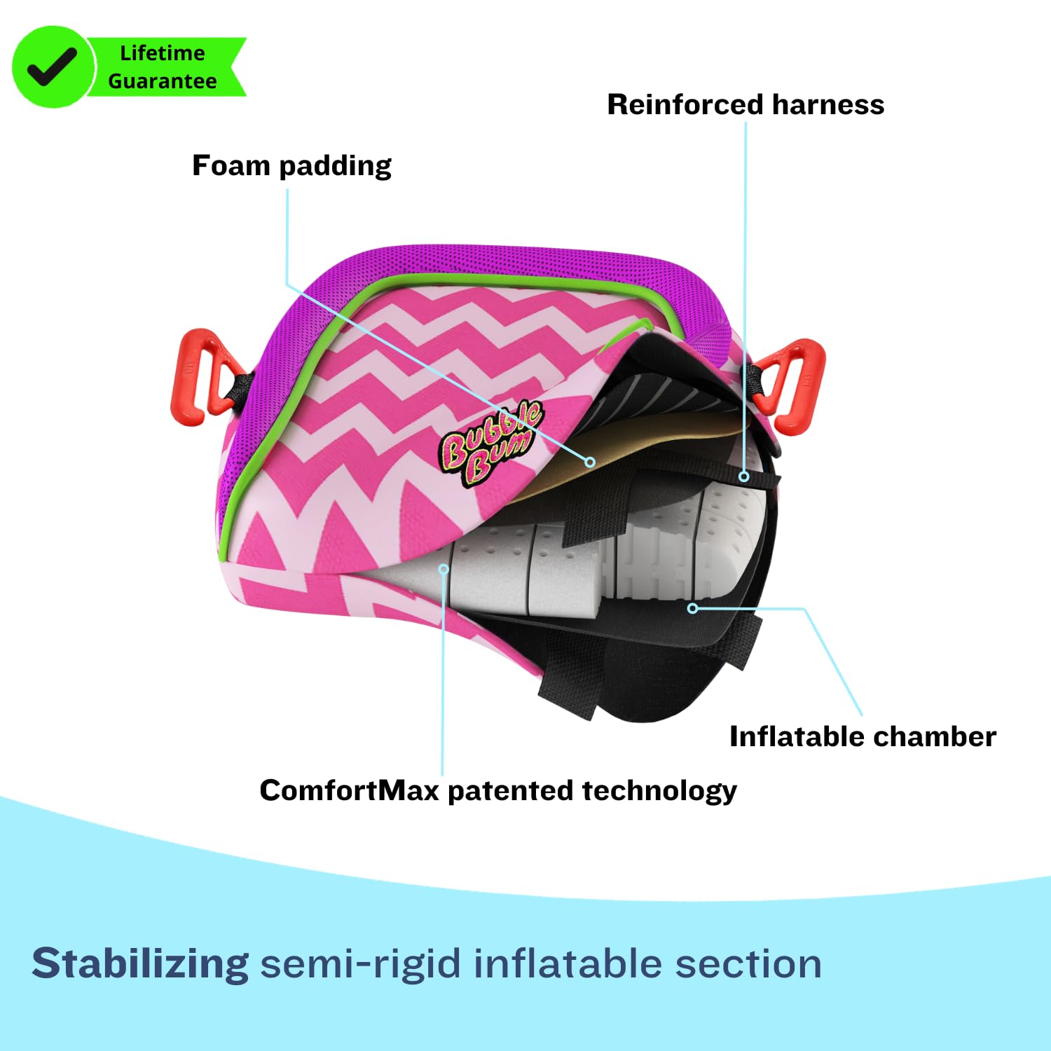 Bubblebum Booster Seat pink lightweight travel booster for kids 40–100 lbs.