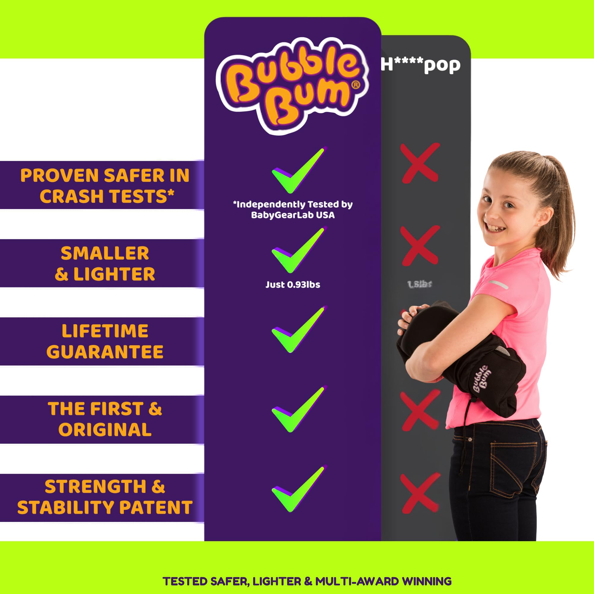 BubbleBum in-use backless booster - secure, comfortable ride for kids.