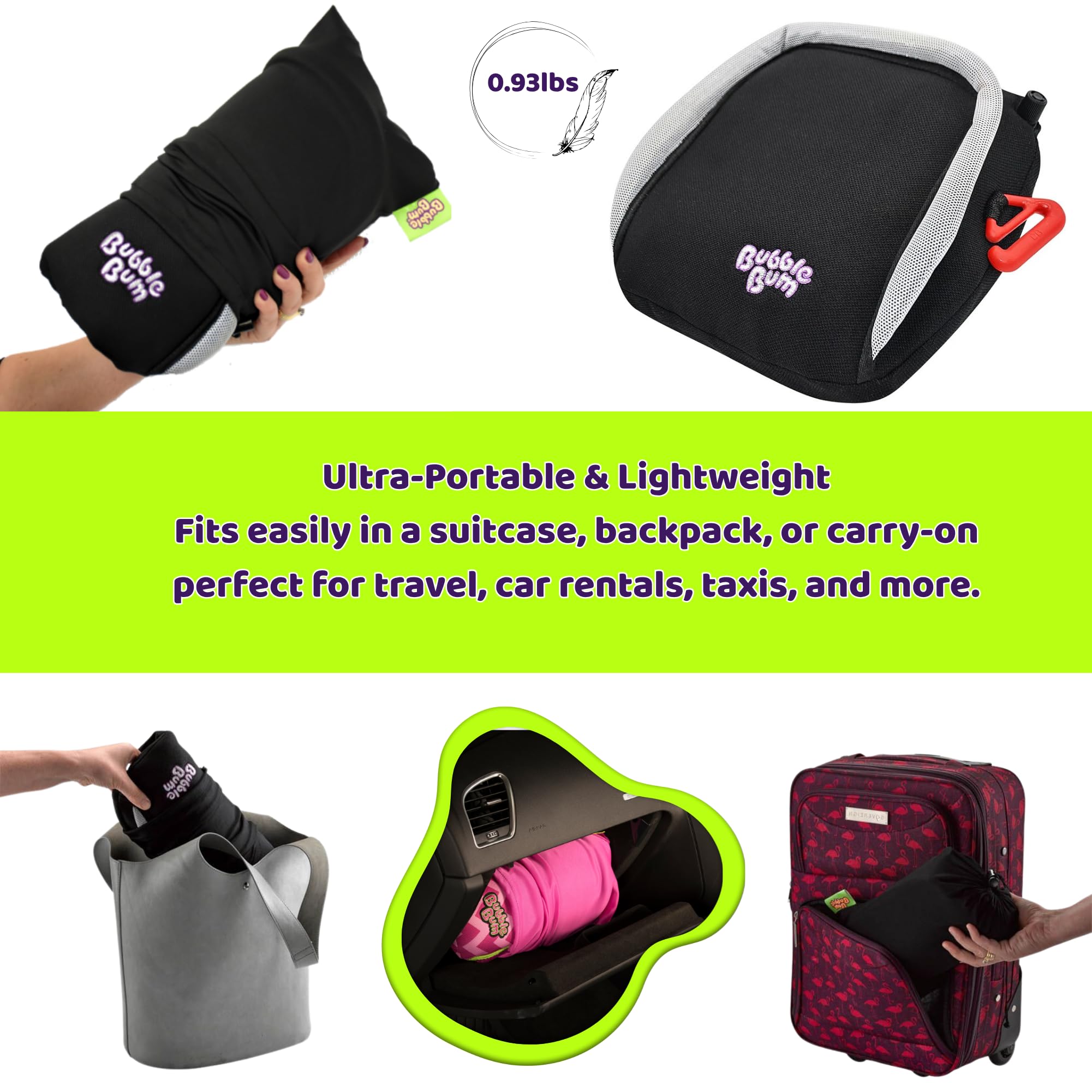 BubbleBum lightweight kids booster - easy to carry and switch between vehicles.