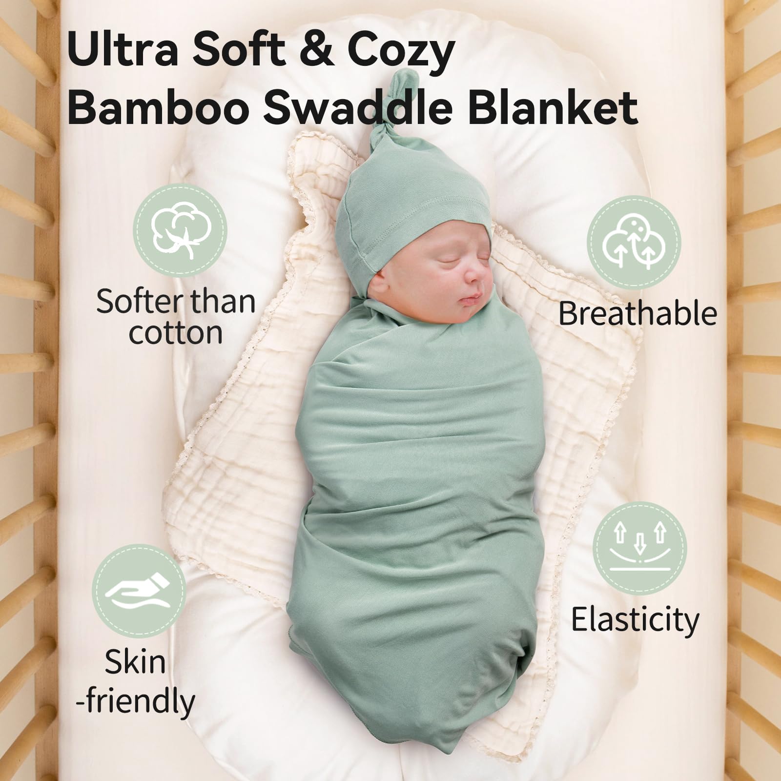 BubblePanda swaddle on infant demonstrates gentle stretch and snug wrap.