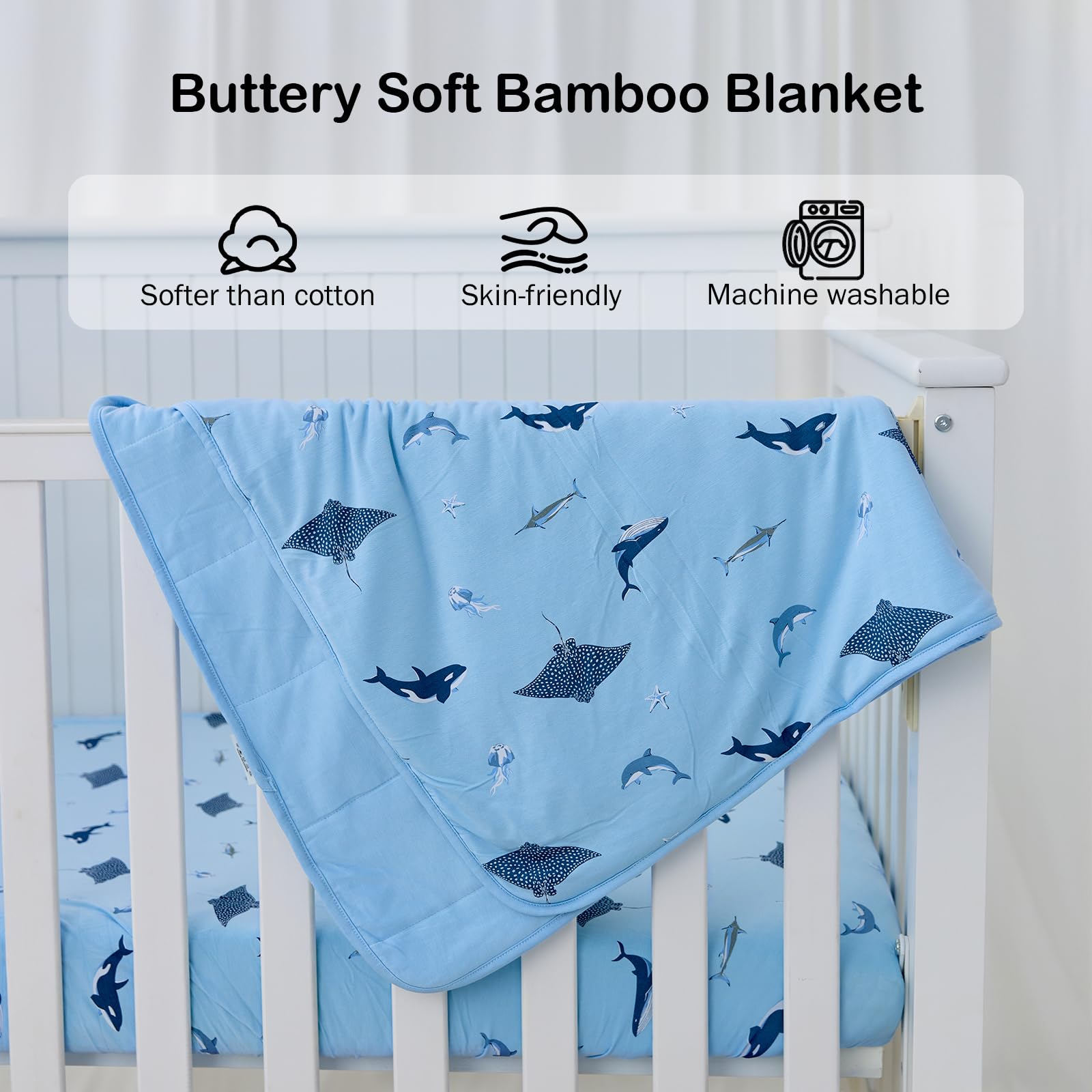 BubblePanda bamboo blanket with shark pattern in nursery demonstrates breathable comfort.