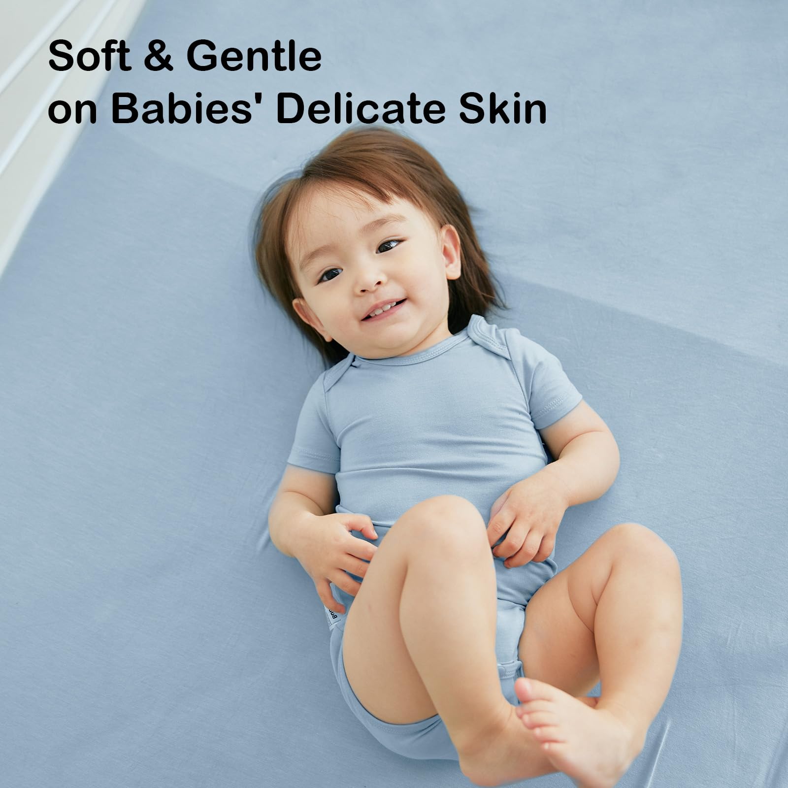 BubblePanda bamboo crib sheet blue with 360-degree stretch for a smooth, snug fit