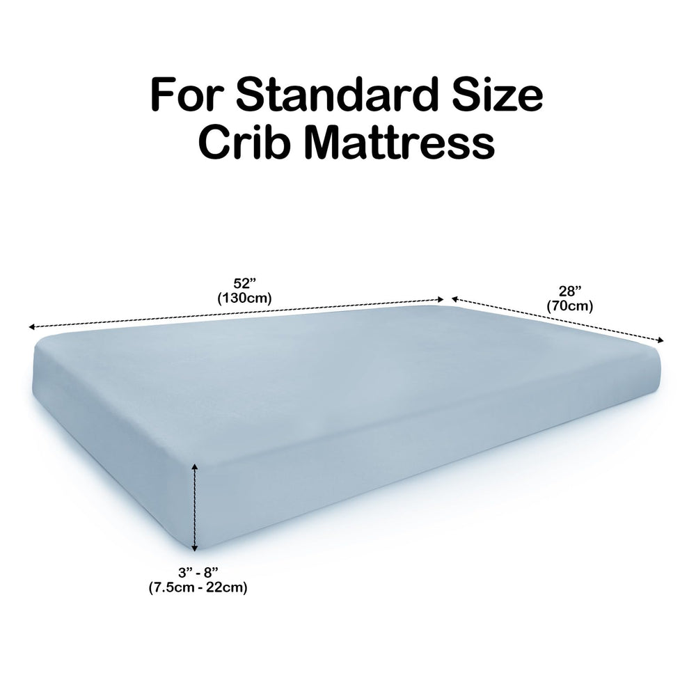 BubblePanda neutral blue crib sheet in nursery demonstrates versatile, gender-neutral style