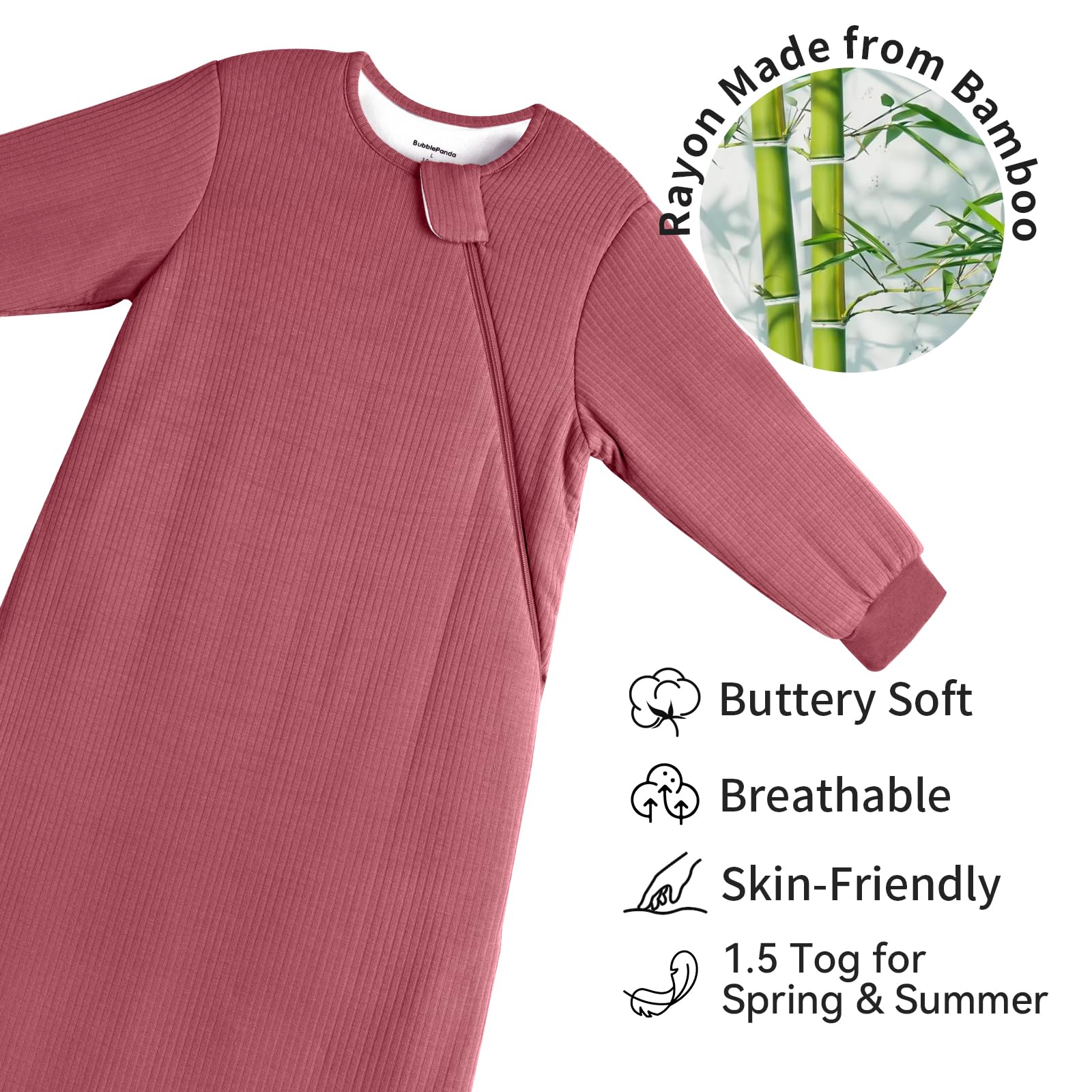 BubblePanda bamboo sleep sack close-up — breathable ribbed fabric aids temperature regulation.