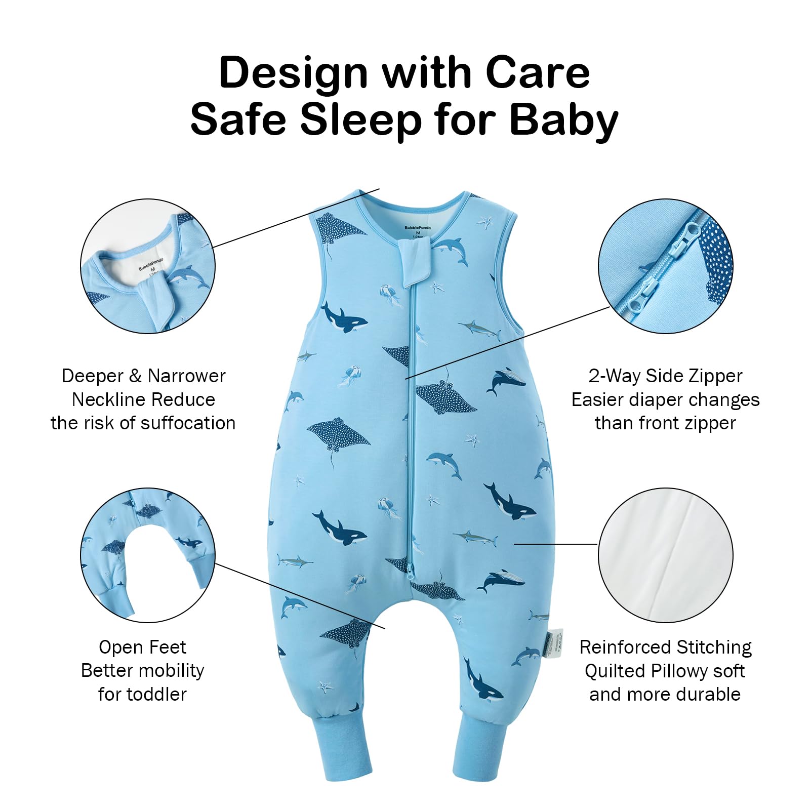 Okayinn BubblePanda sleep sack 2-way zip enables easy midnight diaper changes.