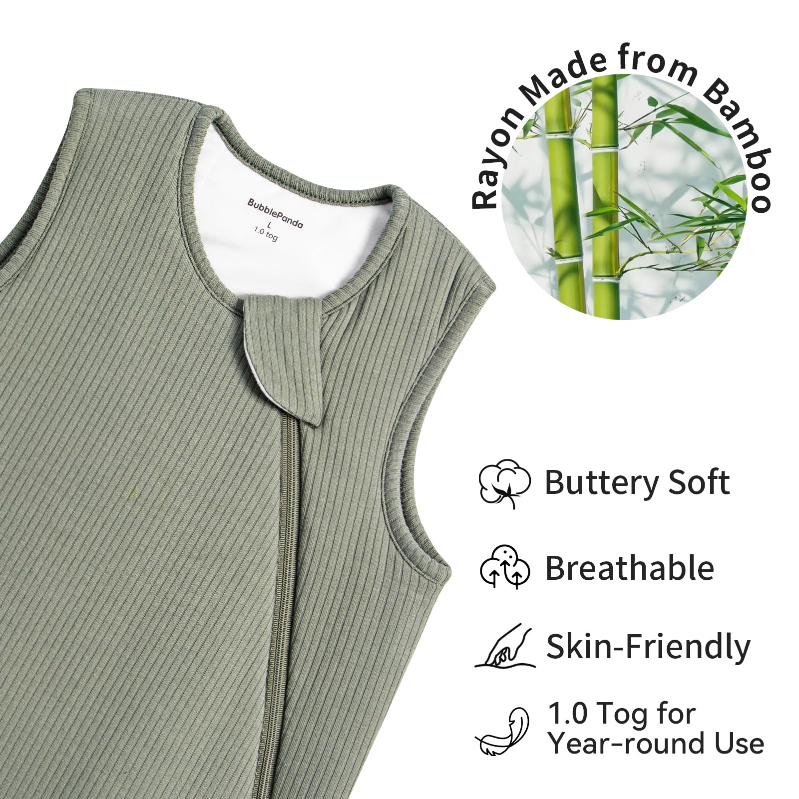 BubblePanda sleep sack 2-way zipper enables quick nighttime diaper changes.
