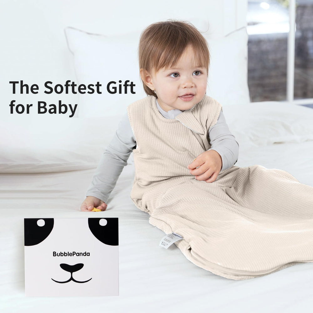 BubblePanda sleep sack worn by infant shows unisex design for versatile use.