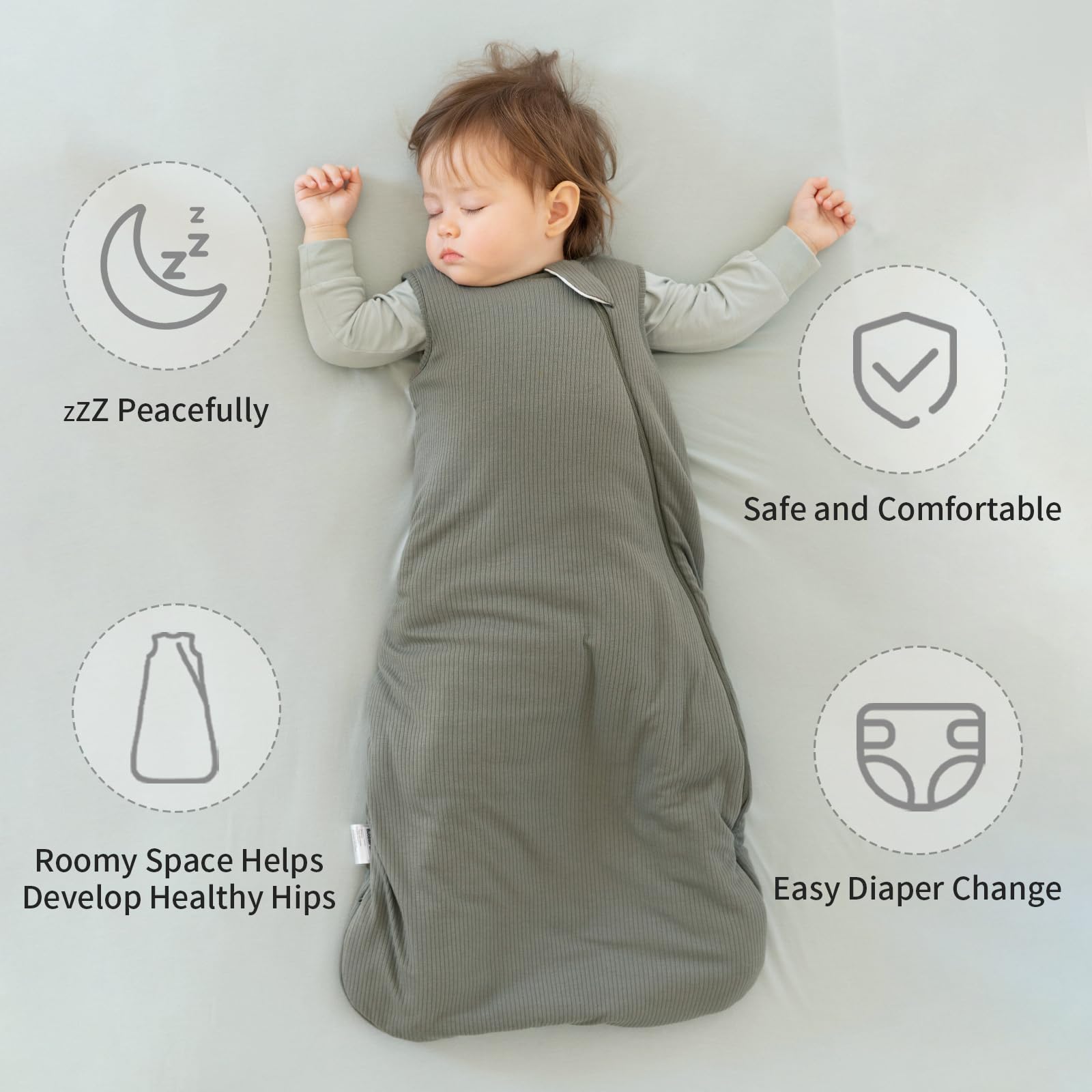 BubblePanda sleep sack in use demonstrates roomy design for flexible leg movement.
