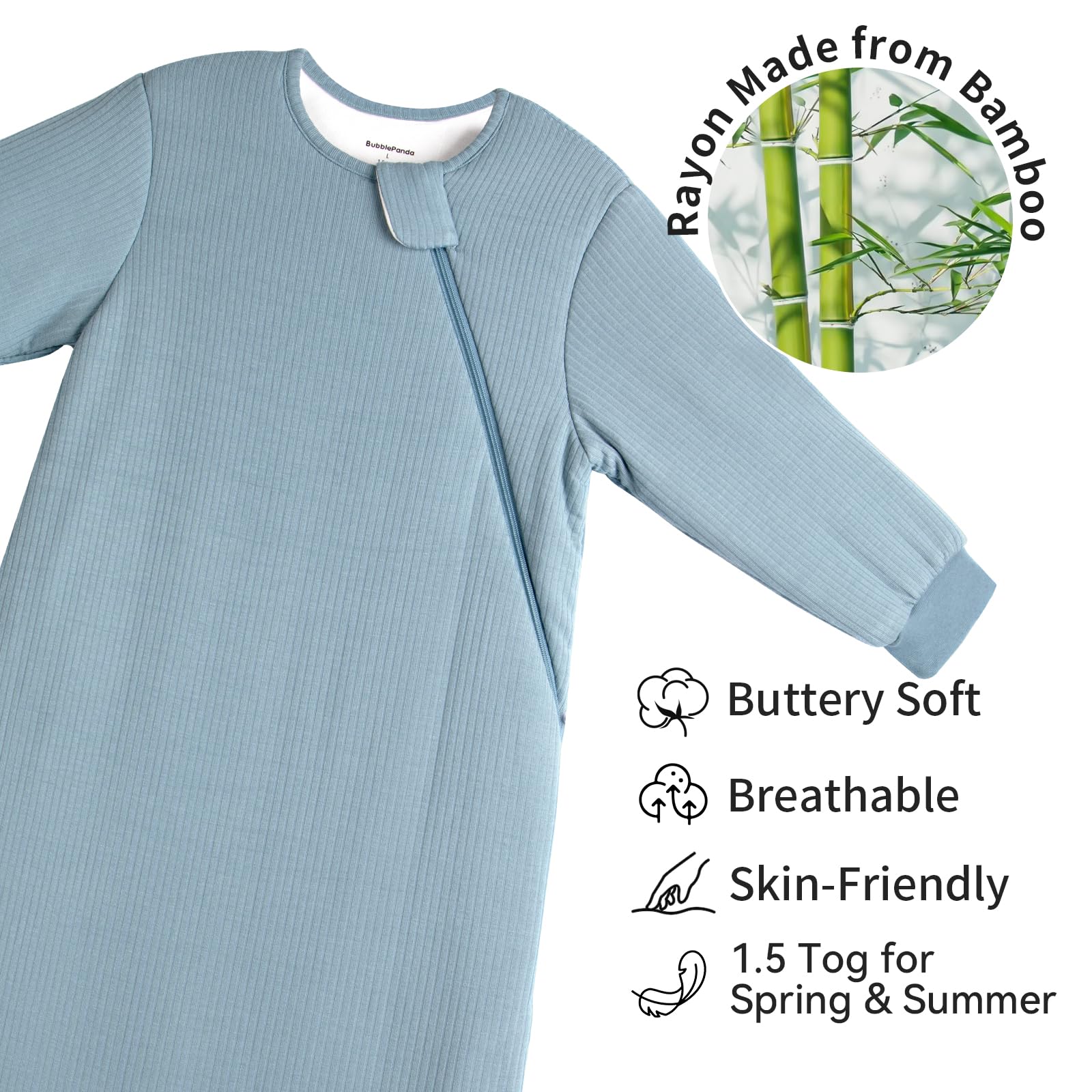 BubblePanda sleep sack closeup highlights bamboo rayon fabric for temperature regulation and moisture wicking.