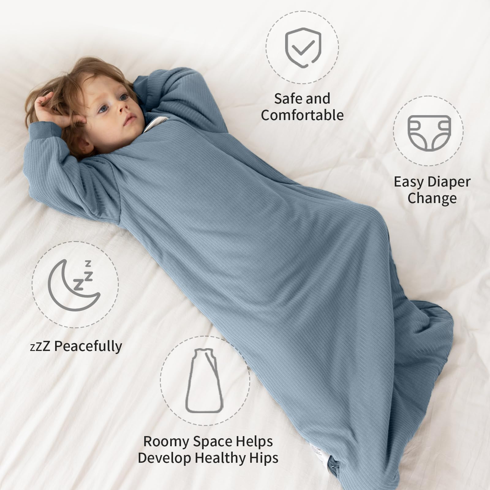 BubblePanda sleep sack shows roomy leg space promoting comfortable sleep and hip development.