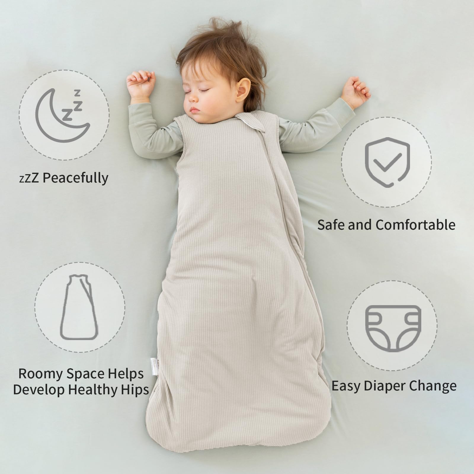 BubblePanda sleep sack highlights zipper guard for face protection and safe fit.