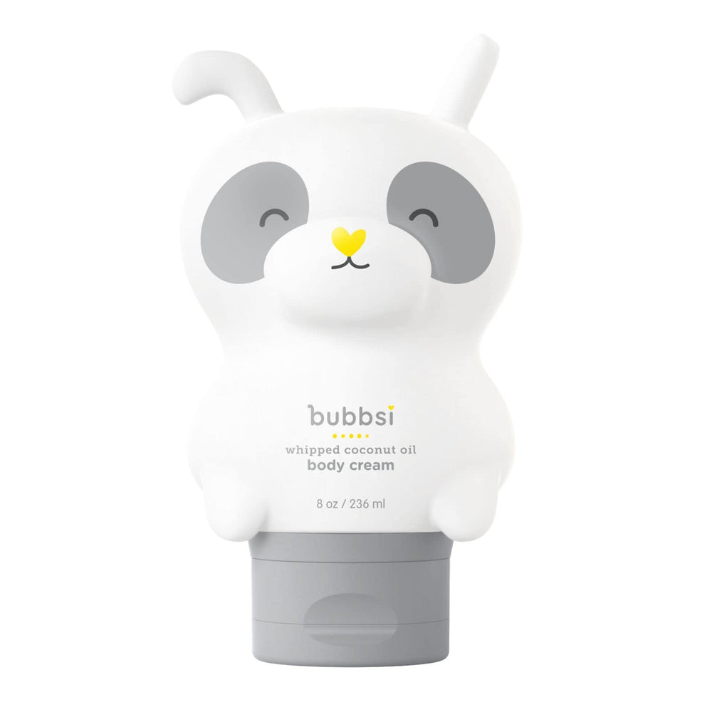 Packaging of Bubbsi whipped coconut oil lotion highlights gentle hydration for sensitive skin.