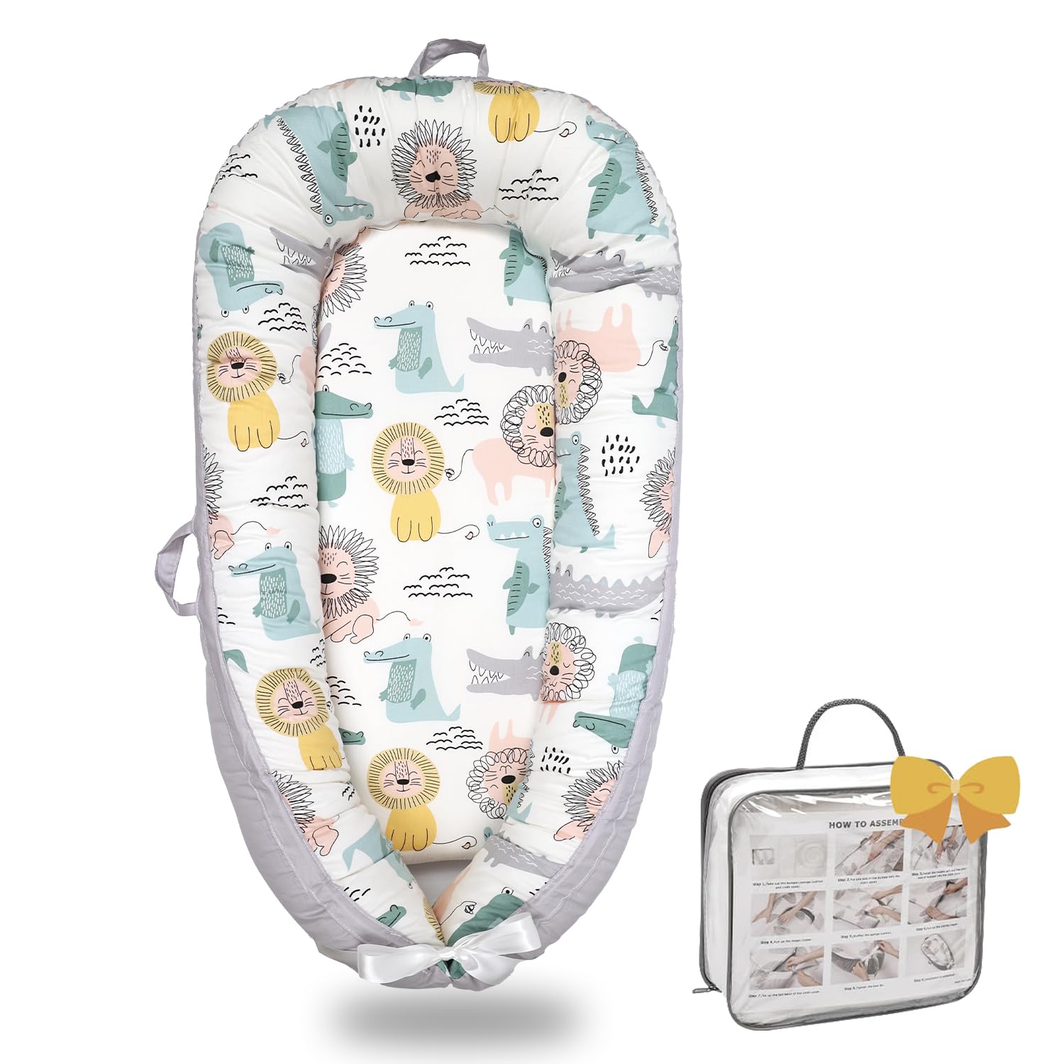 Bubbyhuts baby lounger with lion motif in breathable cotton for cozy daytime lounging