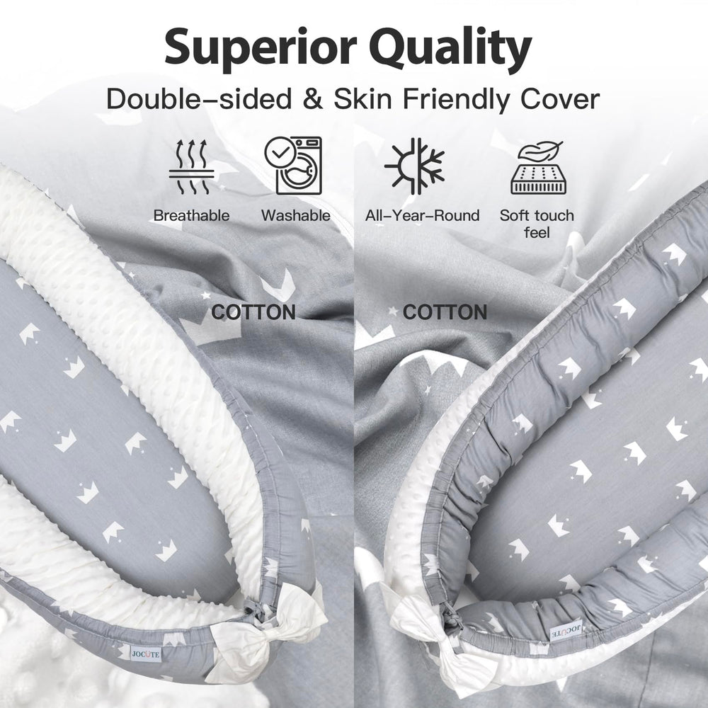 Bubbyhuts Baby Lounger Grey Crown in-use setup shows supervised lounging and tummy time readiness