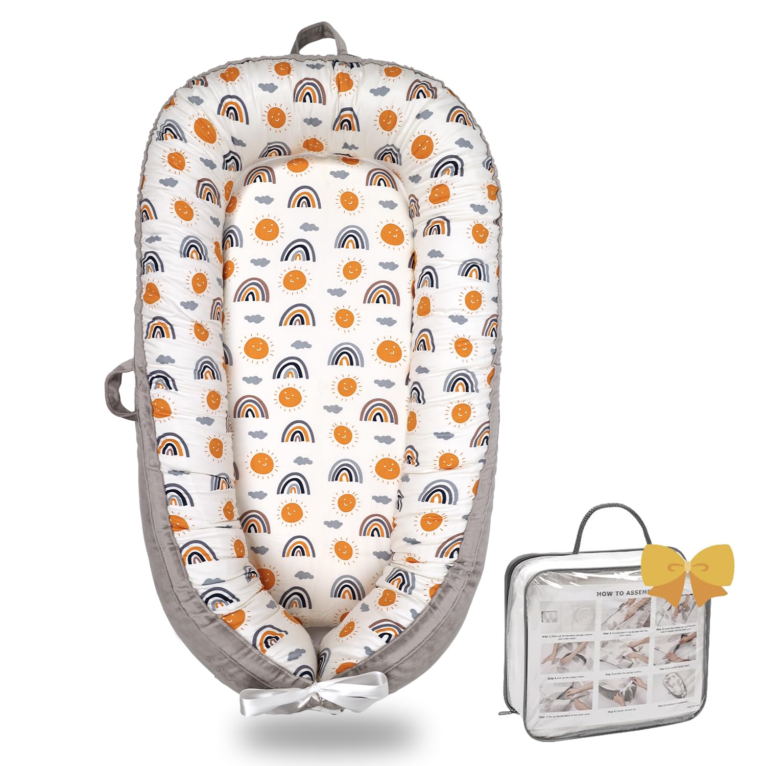 Bubbyhuts Baby Lounger rainbow pattern highlighting soft organic cotton for daytime use