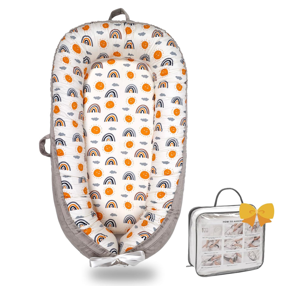 Bubbyhuts Baby Lounger rainbow pattern highlighting soft organic cotton for daytime use