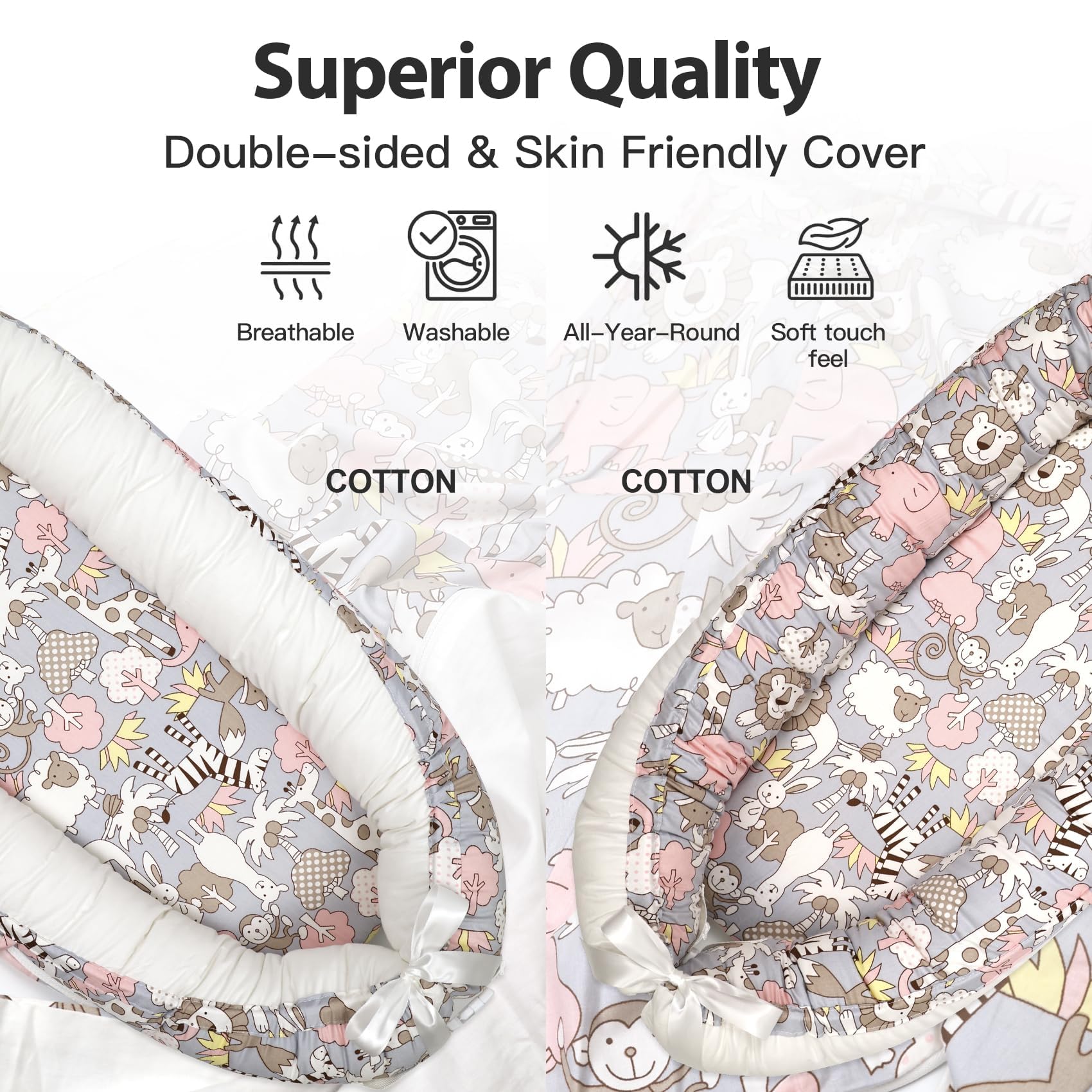 Bubbyhuts baby lounger safe materials closeup showing CPC/ASTM/CPSIA certified parts.
