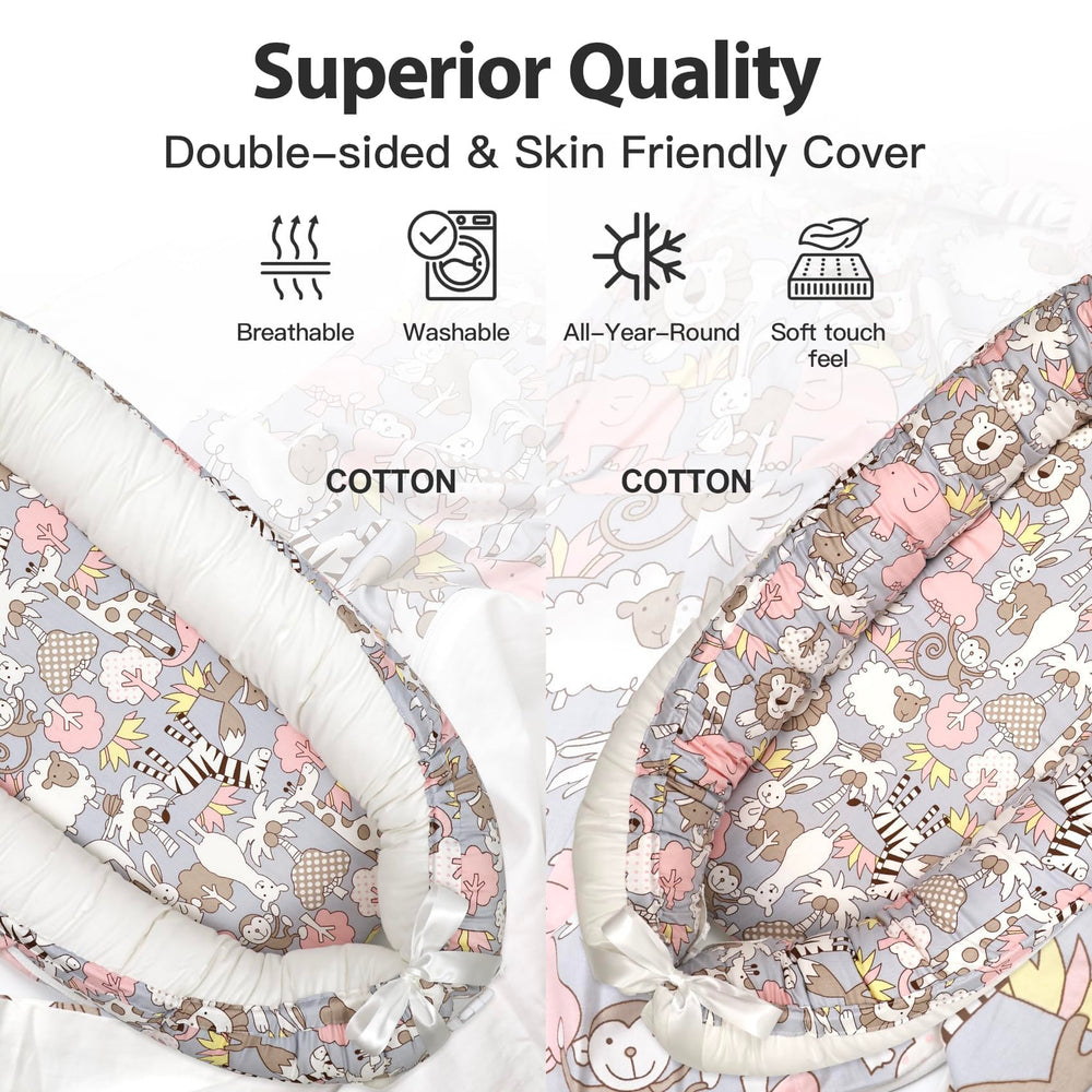 Bubbyhuts baby lounger safe materials closeup showing CPC/ASTM/CPSIA certified parts.