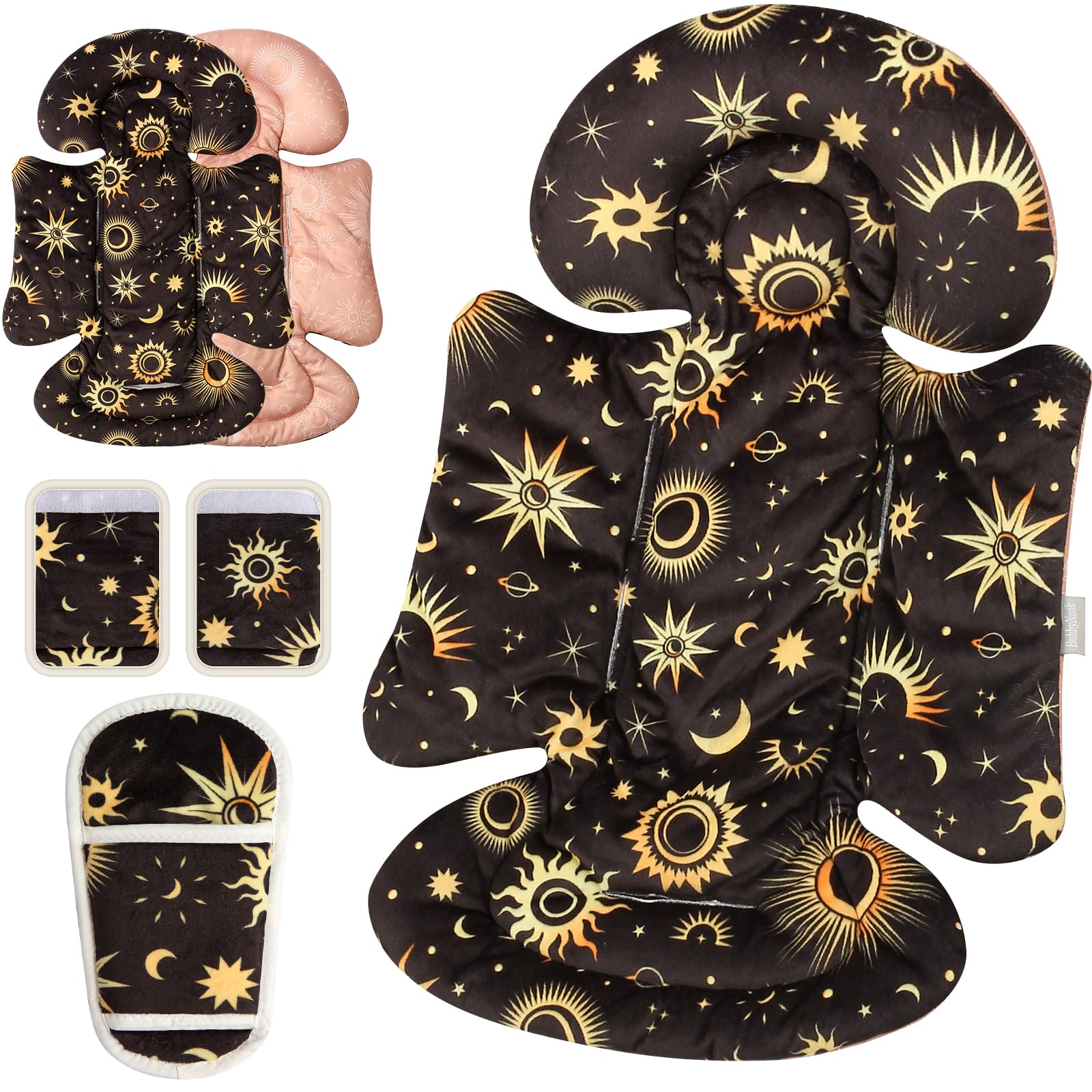 BUBBYNOOK Stars headrest-support keeps a newborn's head steady during swing sessions.