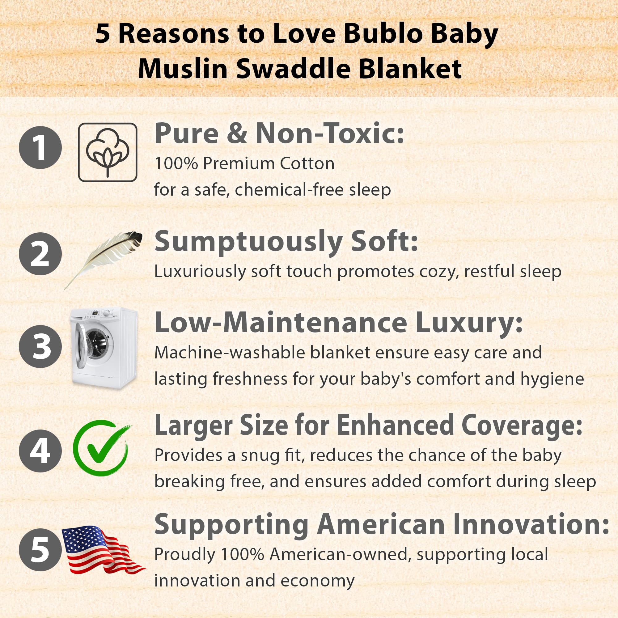 Bublo Baby 47x47-inch swaddle size demonstrating ample coverage for cozy swaddling and versatile use.