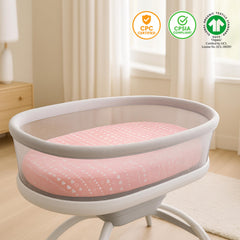 Bublo Baby sheets demonstrate universal fit on oval, rectangle, and hourglass bassinet shapes.